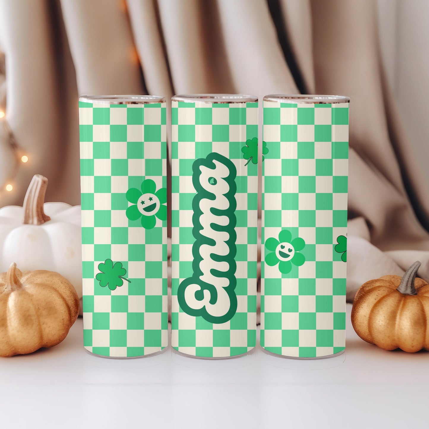 Personalized St Patrick's Day Tumbler, Green Checkerboard Mama Cup, Retro Lucky Shamrock Gift for Her, 20oz Skinny Tumbler