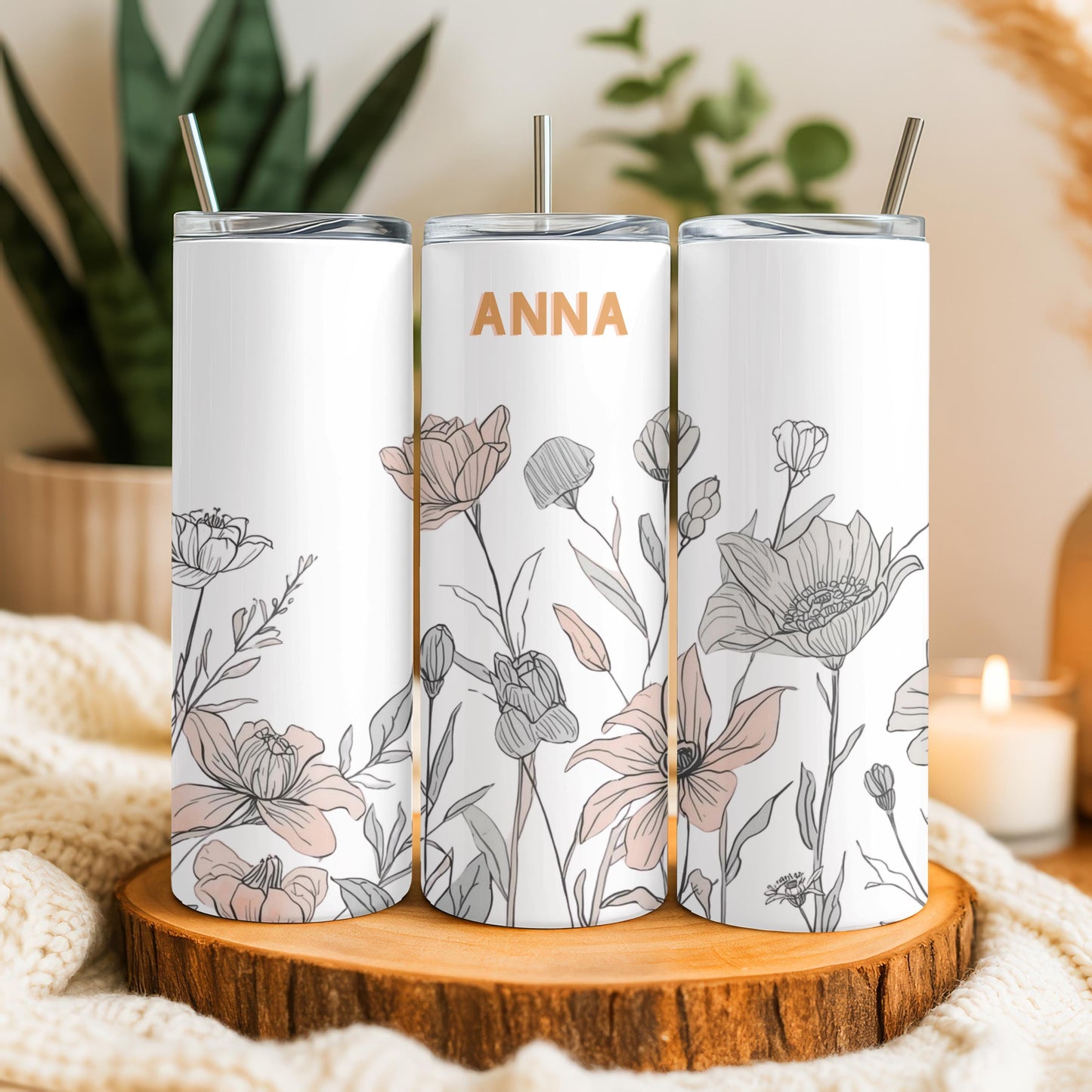 Personalized Wildflower Tumbler with Name, Minimalist Floral 20oz Skinny Tumbler, Boho Flower Gift for Her