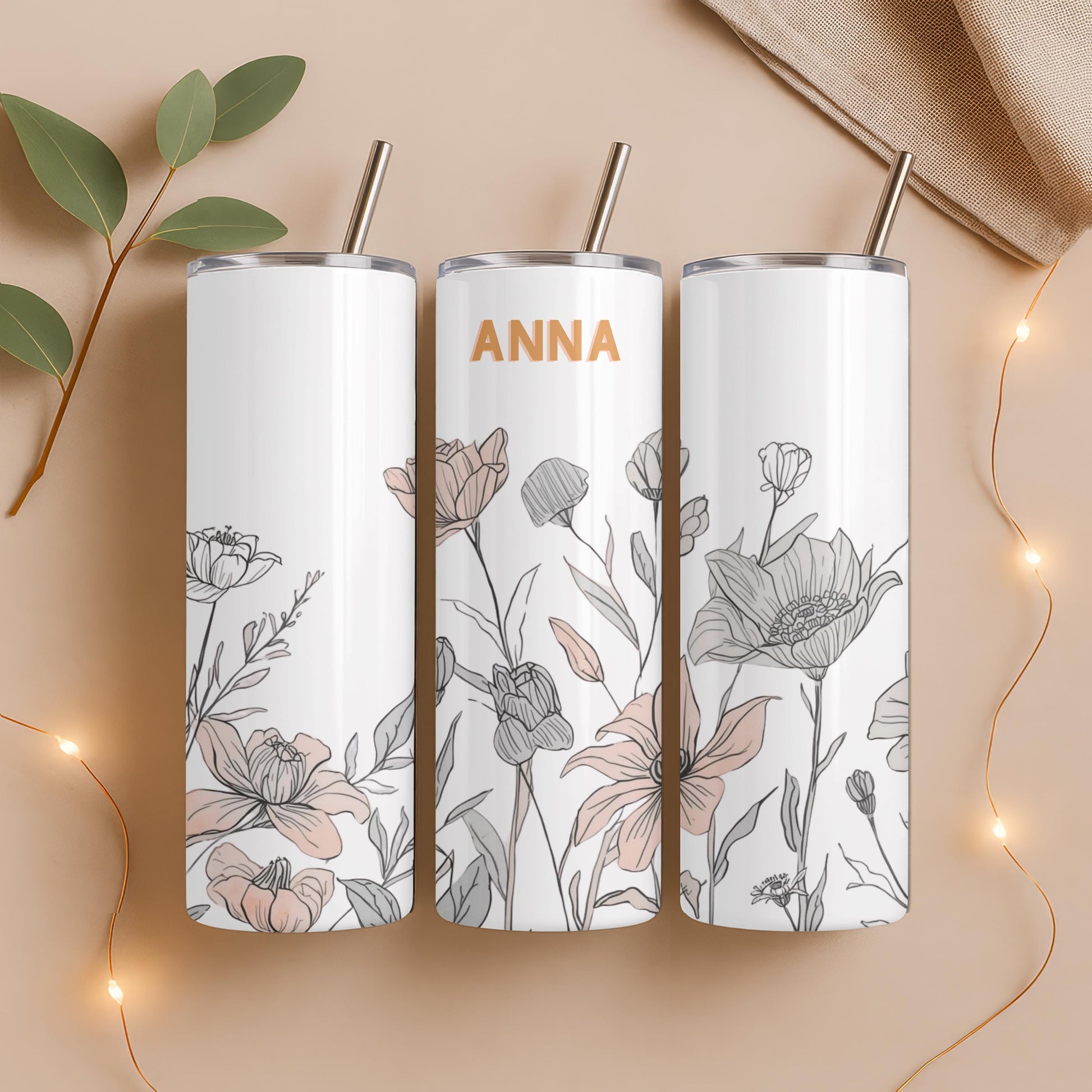 Personalized Wildflower Tumbler with Name, Minimalist Floral 20oz Skinny Tumbler, Boho Flower Gift for Her