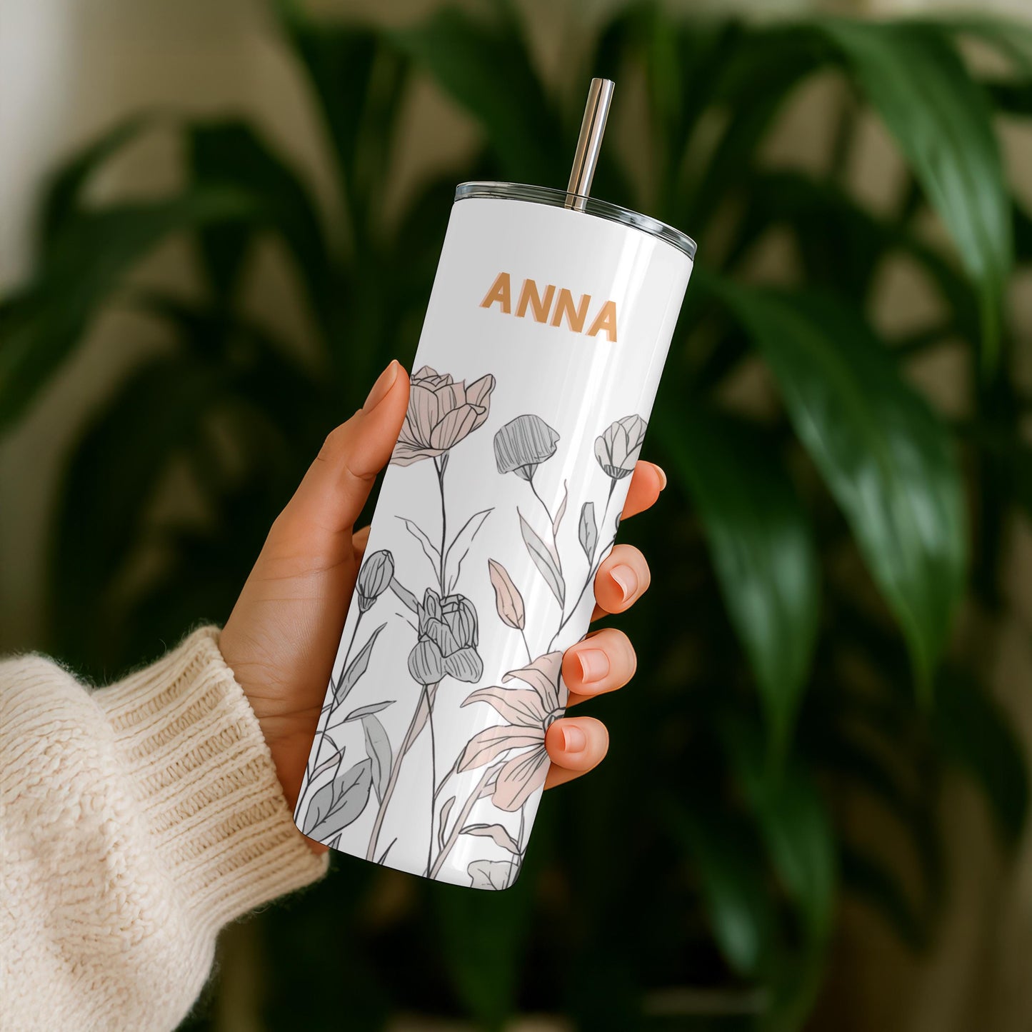 Personalized Wildflower Tumbler with Name, Minimalist Floral 20oz Skinny Tumbler, Boho Flower Gift for Her