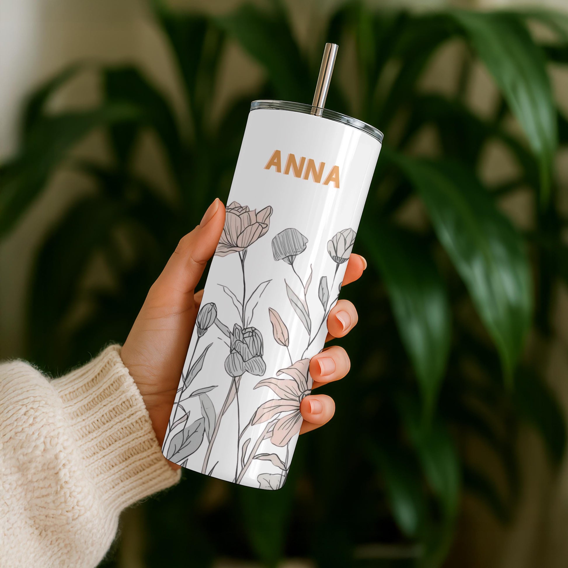 Personalized Wildflower Tumbler with Name, Minimalist Floral 20oz Skinny Tumbler, Boho Flower Gift for Her