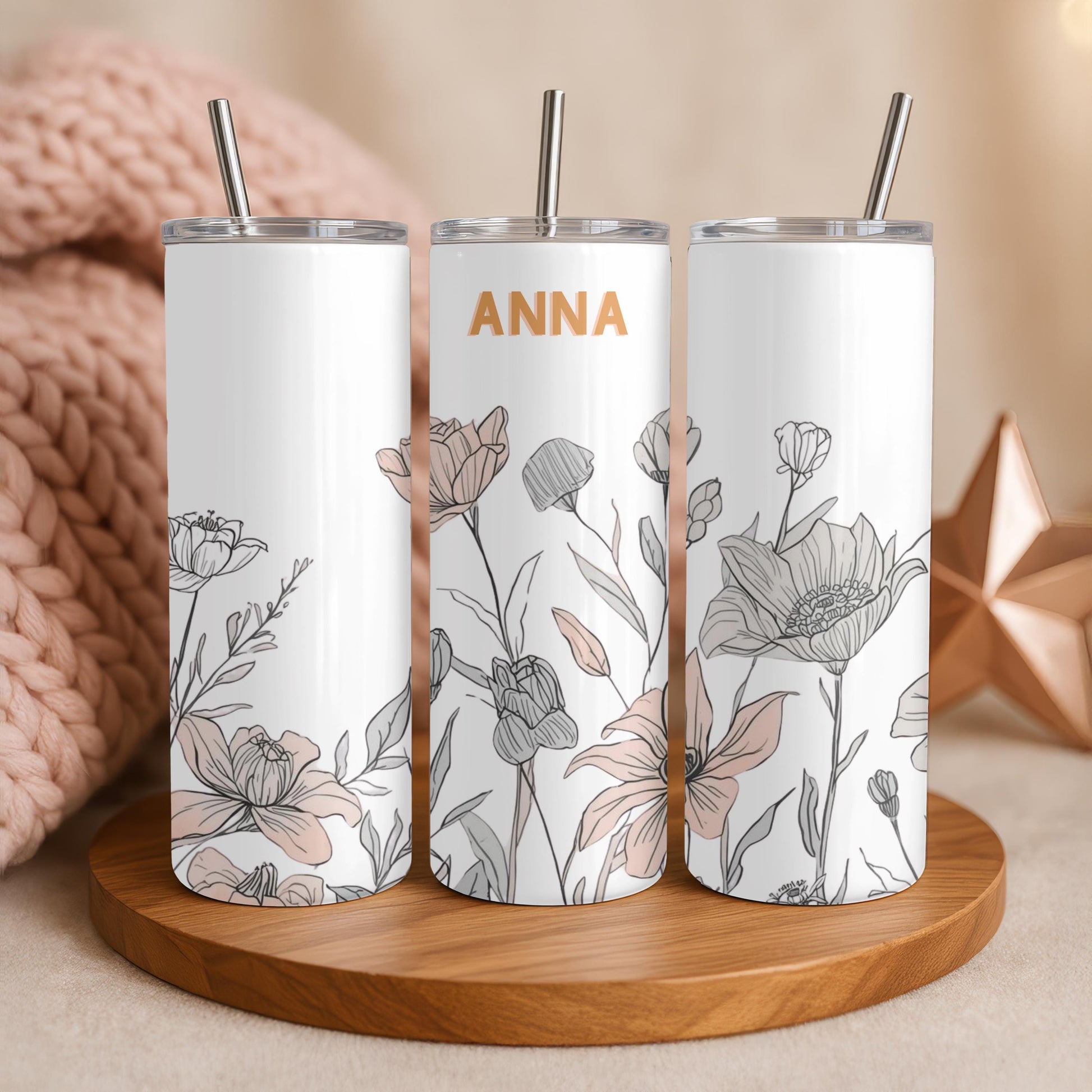 Personalized Wildflower Tumbler with Name, Minimalist Floral 20oz Skinny Tumbler, Boho Flower Gift for Her