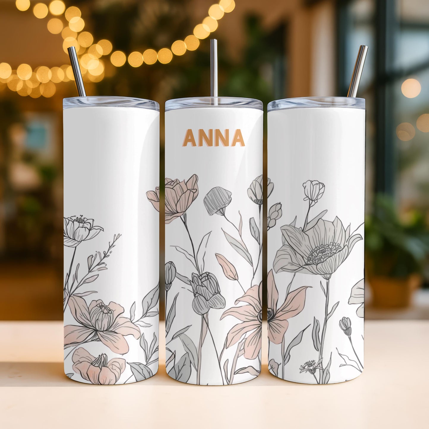 Personalized Wildflower Tumbler with Name, Minimalist Floral 20oz Skinny Tumbler, Boho Flower Gift for Her