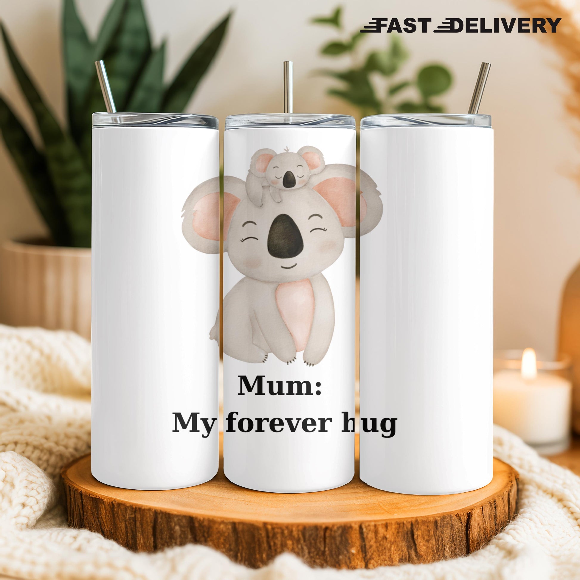 Mum My Forever Hug Tumbler, Cute Koala Mother's Day Gift, Custom Name 20oz Skinny Tumbler for Mom, New Mum Present
