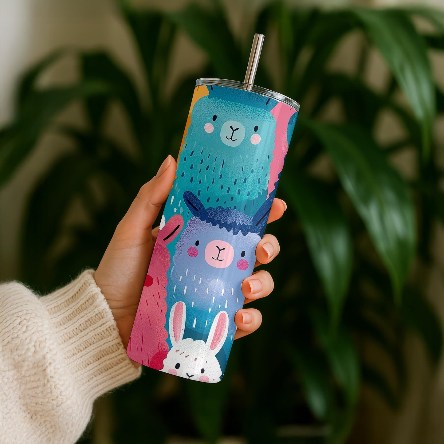 Cute Llama Alpaca Tumbler, Colorful All Over Print 20oz Skinny Tumbler, Unique Animal Lover Gift for Her, Fun Travel Mug