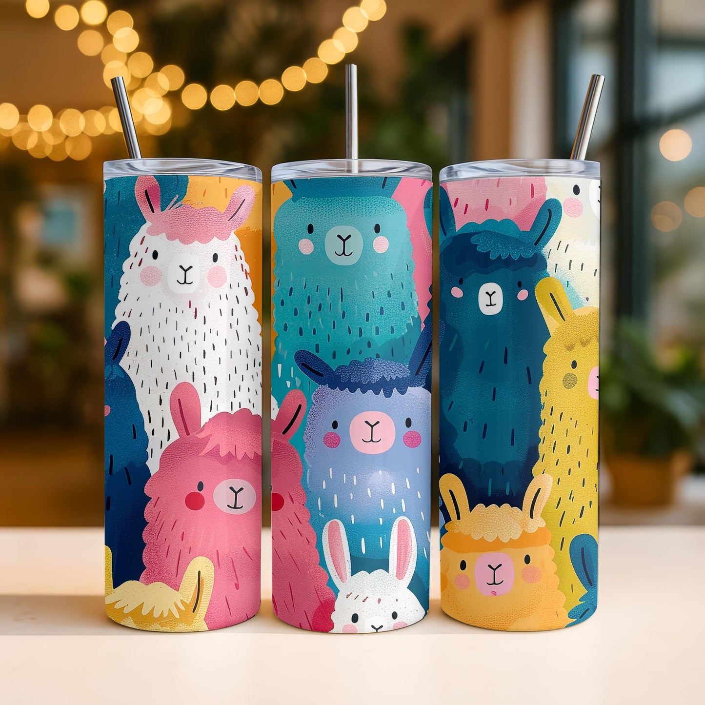 Cute Llama Alpaca Tumbler, Colorful All Over Print 20oz Skinny Tumbler, Unique Animal Lover Gift for Her, Fun Travel Mug