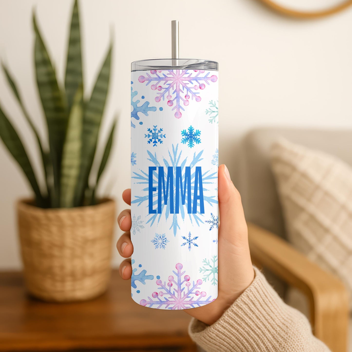 Personalized Snowflake Tumbler with Name, Winter Aesthetic 20oz Skinny Tumbler, Custom Christmas Gift for Her