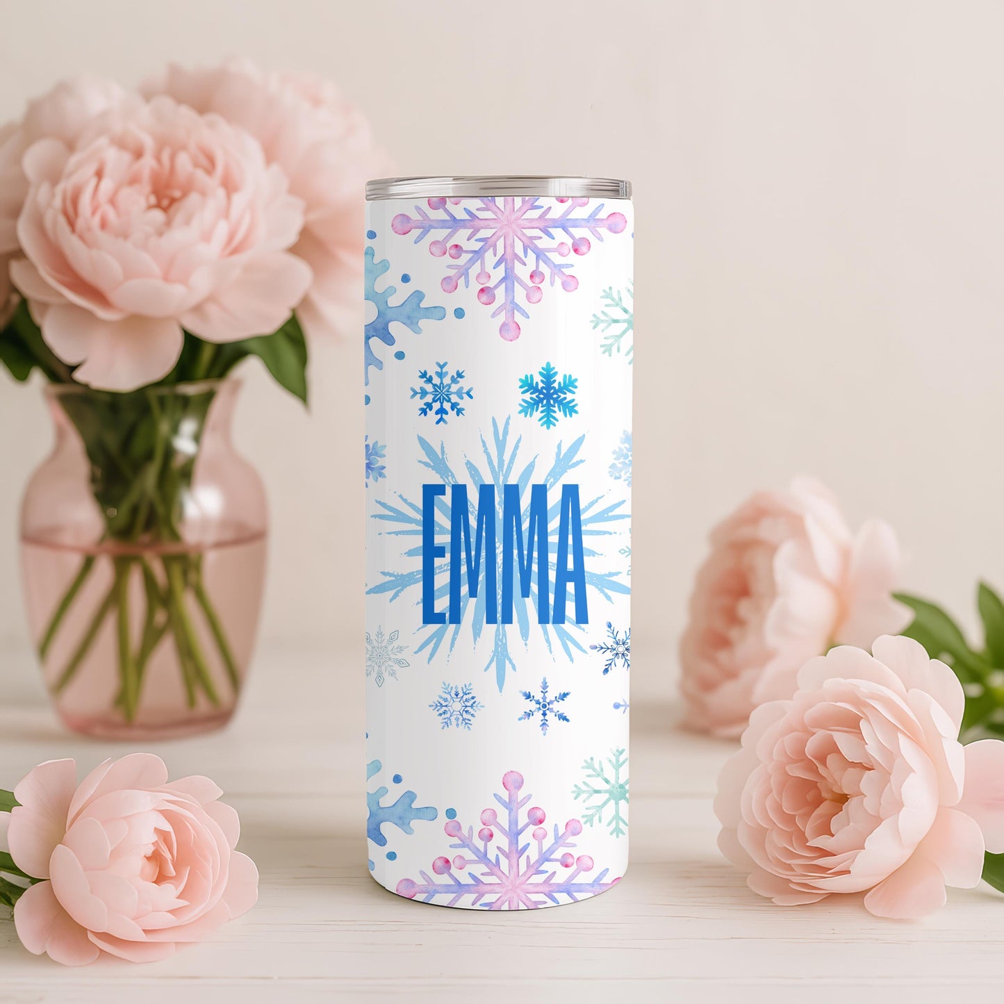 Personalized Snowflake Tumbler with Name, Winter Aesthetic 20oz Skinny Tumbler, Custom Christmas Gift for Her
