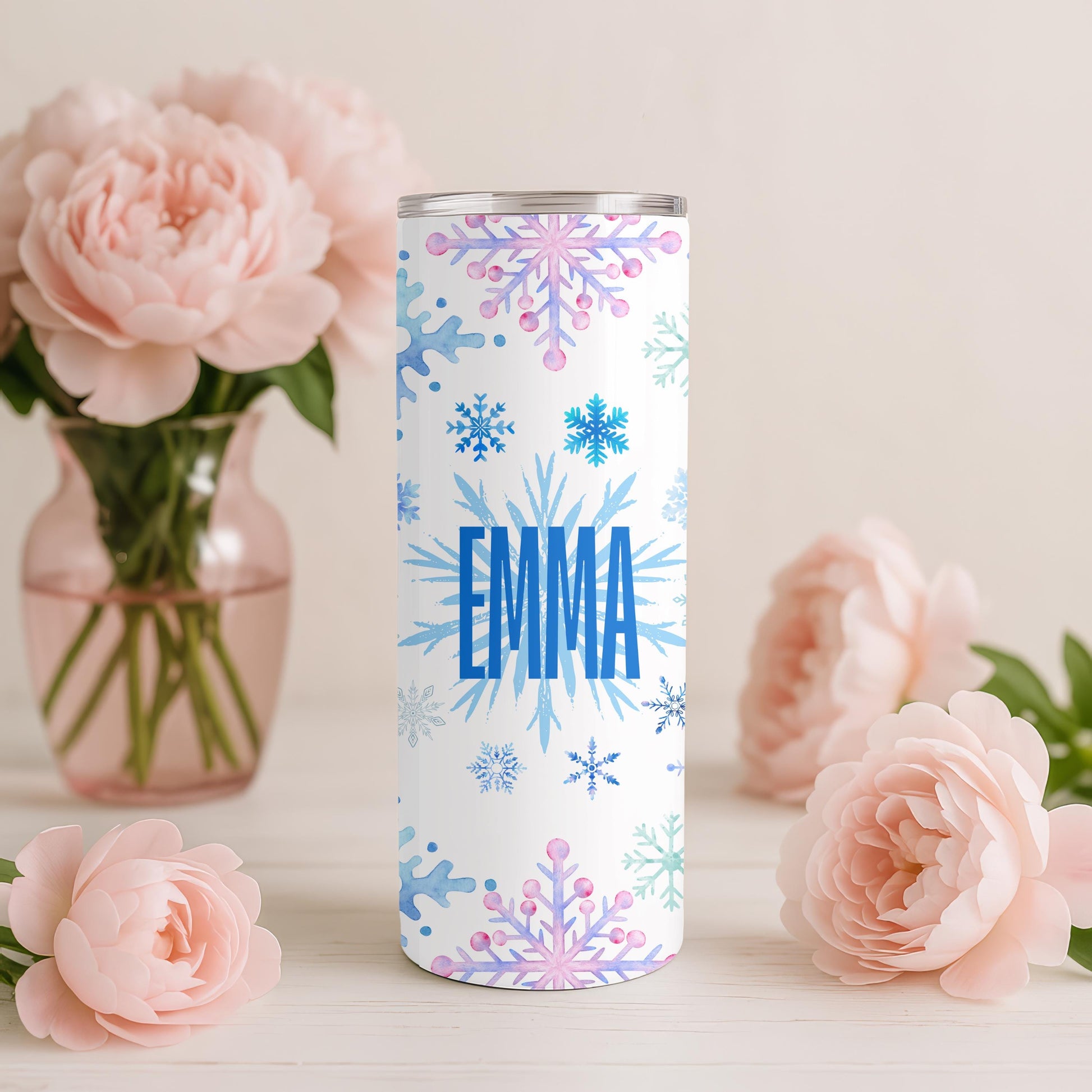 Personalized Snowflake Tumbler with Name, Winter Aesthetic 20oz Skinny Tumbler, Custom Christmas Gift for Her