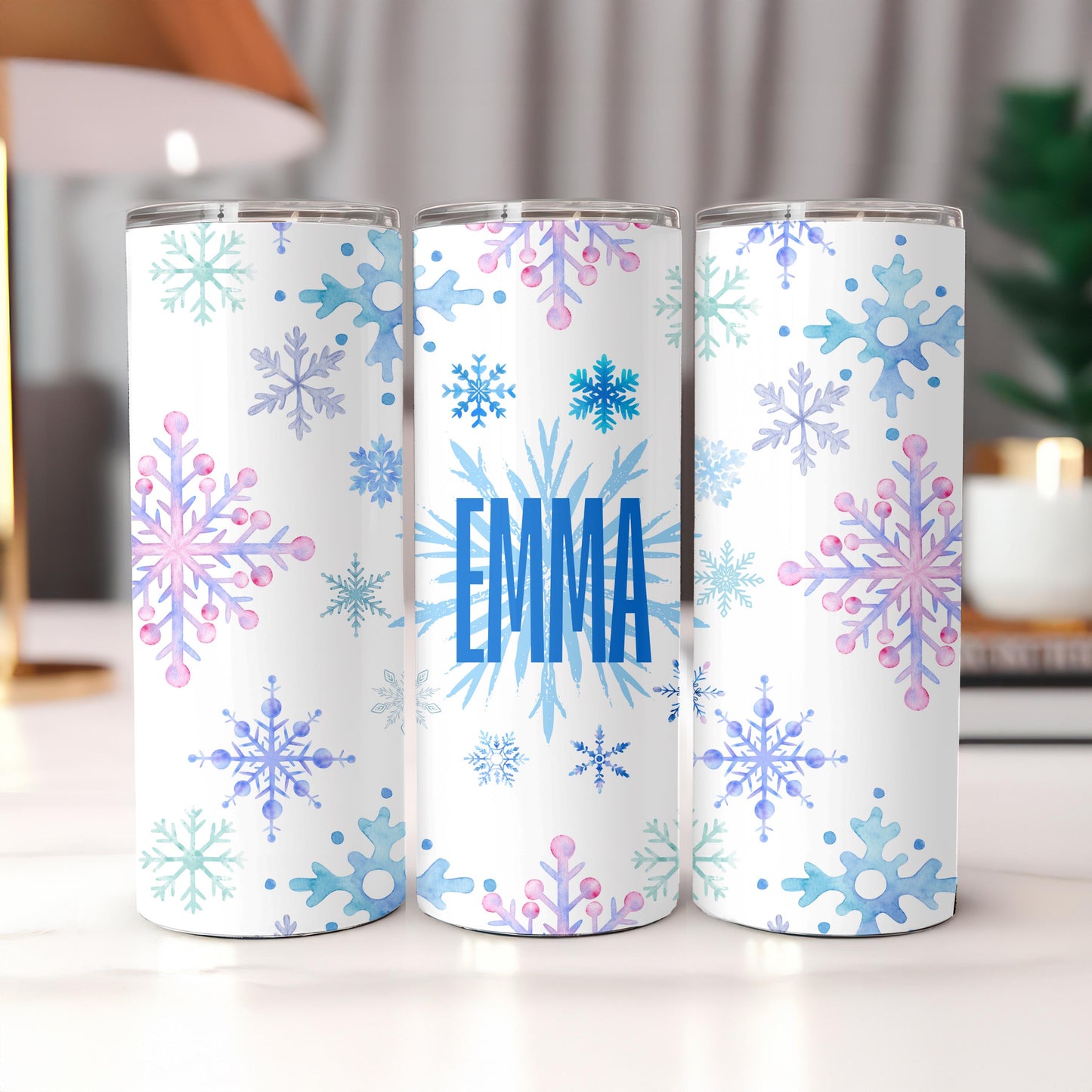 Personalized Snowflake Tumbler with Name, Winter Aesthetic 20oz Skinny Tumbler, Custom Christmas Gift for Her