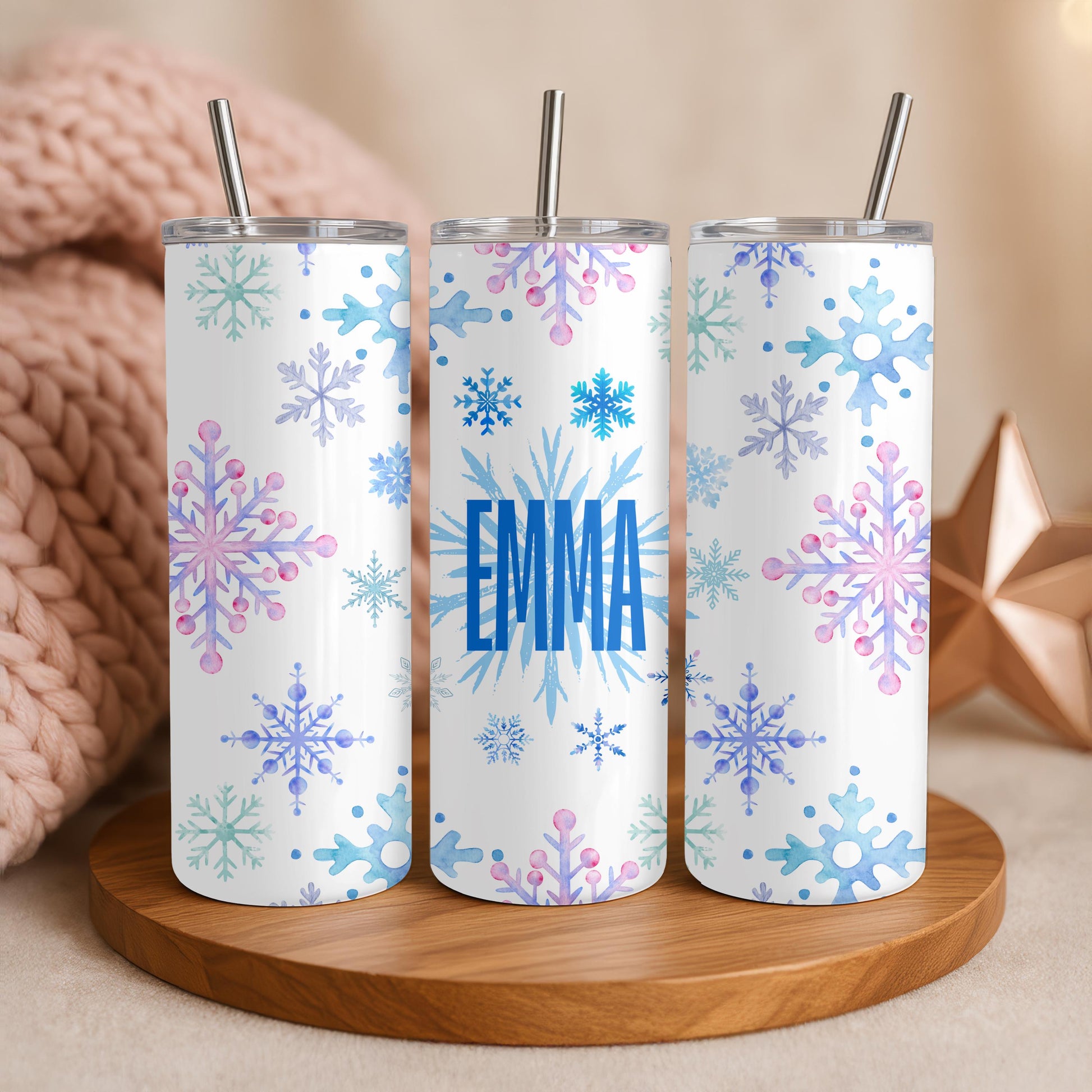 Personalized Snowflake Tumbler with Name, Winter Aesthetic 20oz Skinny Tumbler, Custom Christmas Gift for Her