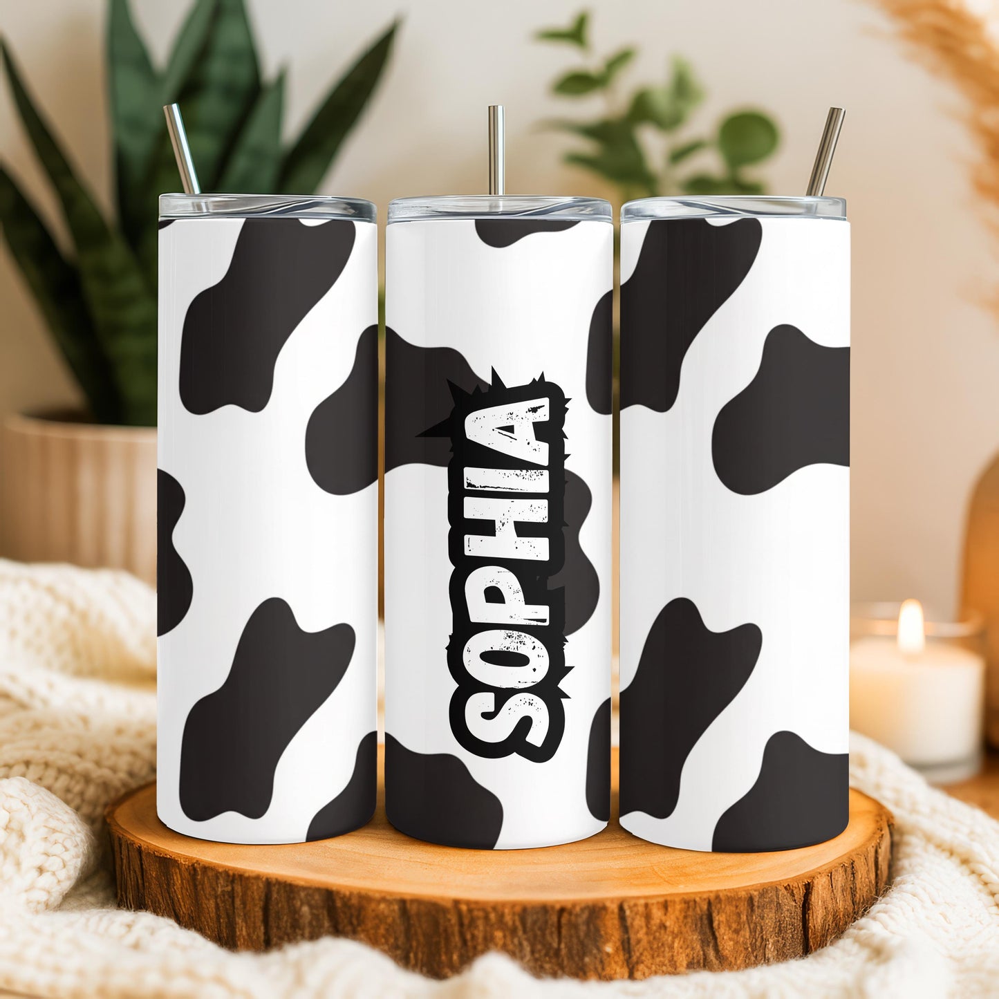 Personalized Cow Print Tumbler with Name, Western Aesthetic 20oz Skinny Tumbler, Custom Cowgirl Gift for Her