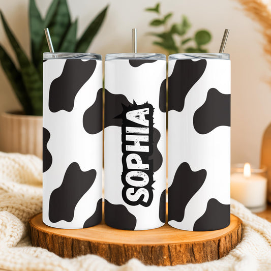Personalized Cow Print Tumbler with Name, Western Aesthetic 20oz Skinny Tumbler, Custom Cowgirl Gift for Her