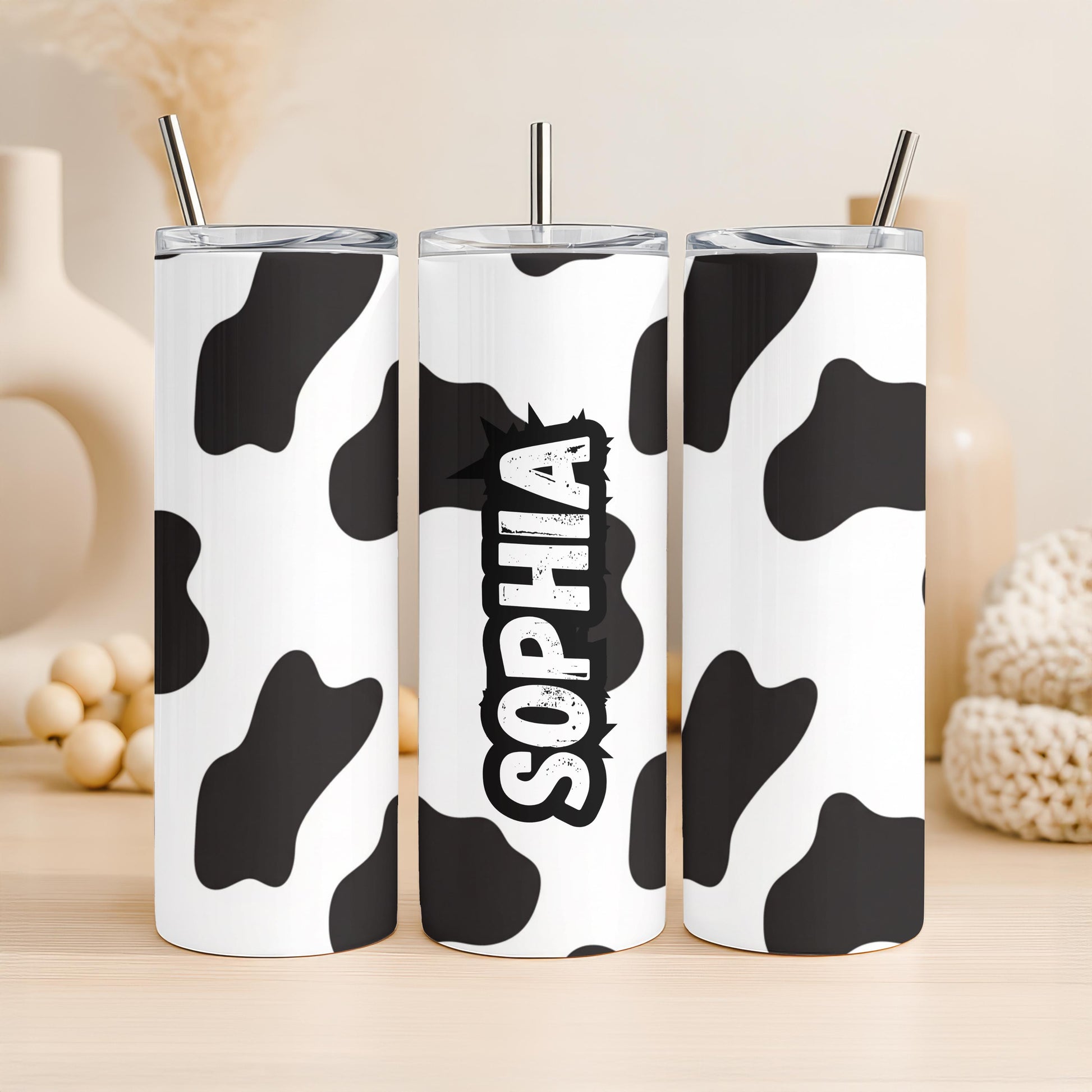 Personalized Cow Print Tumbler with Name, Western Aesthetic 20oz Skinny Tumbler, Custom Cowgirl Gift for Her