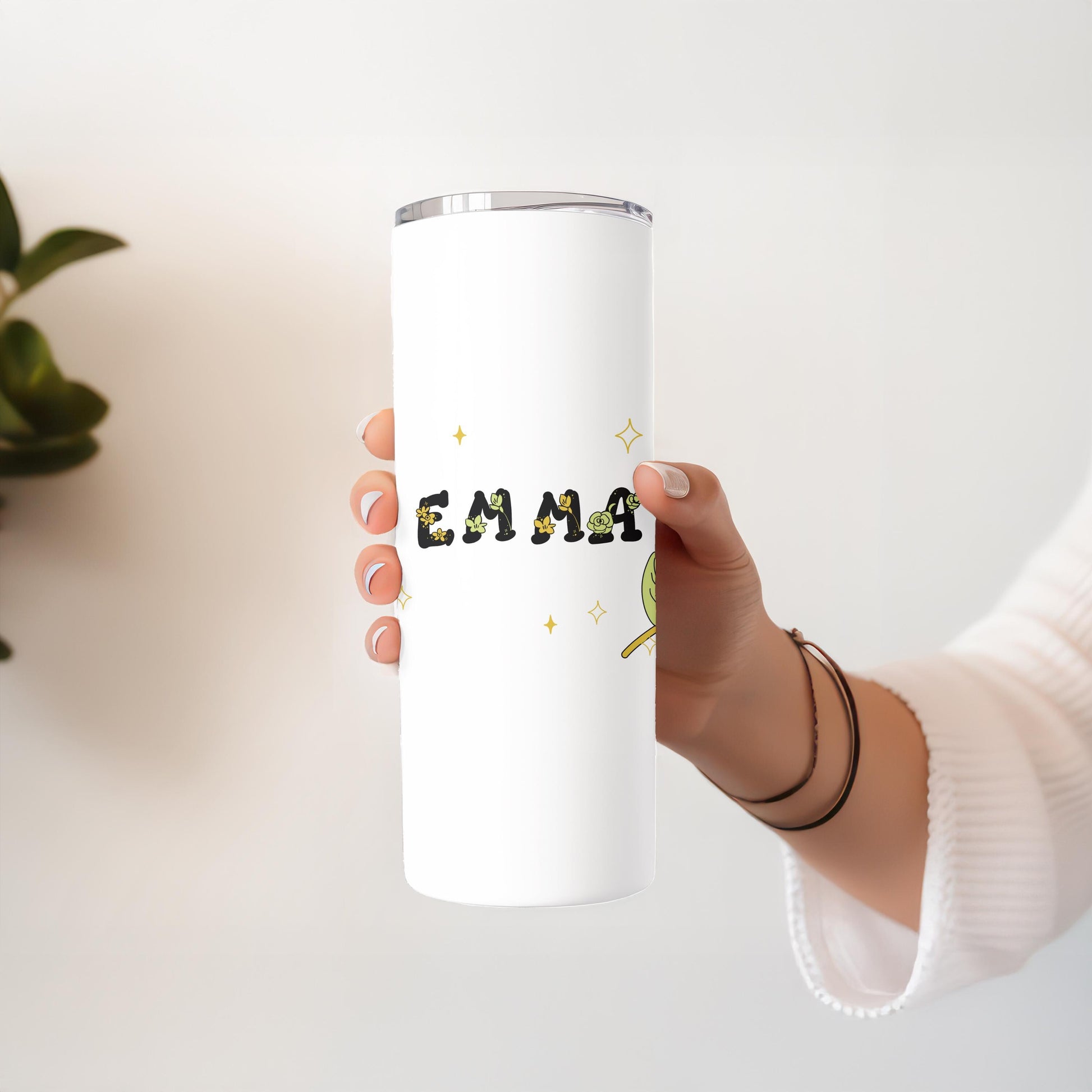 Personalized Wildflower Tumbler with Name, Minimalist Greenery 20oz Skinny Tumbler, Custom Botanical Gift for Her, Floral Name Cup