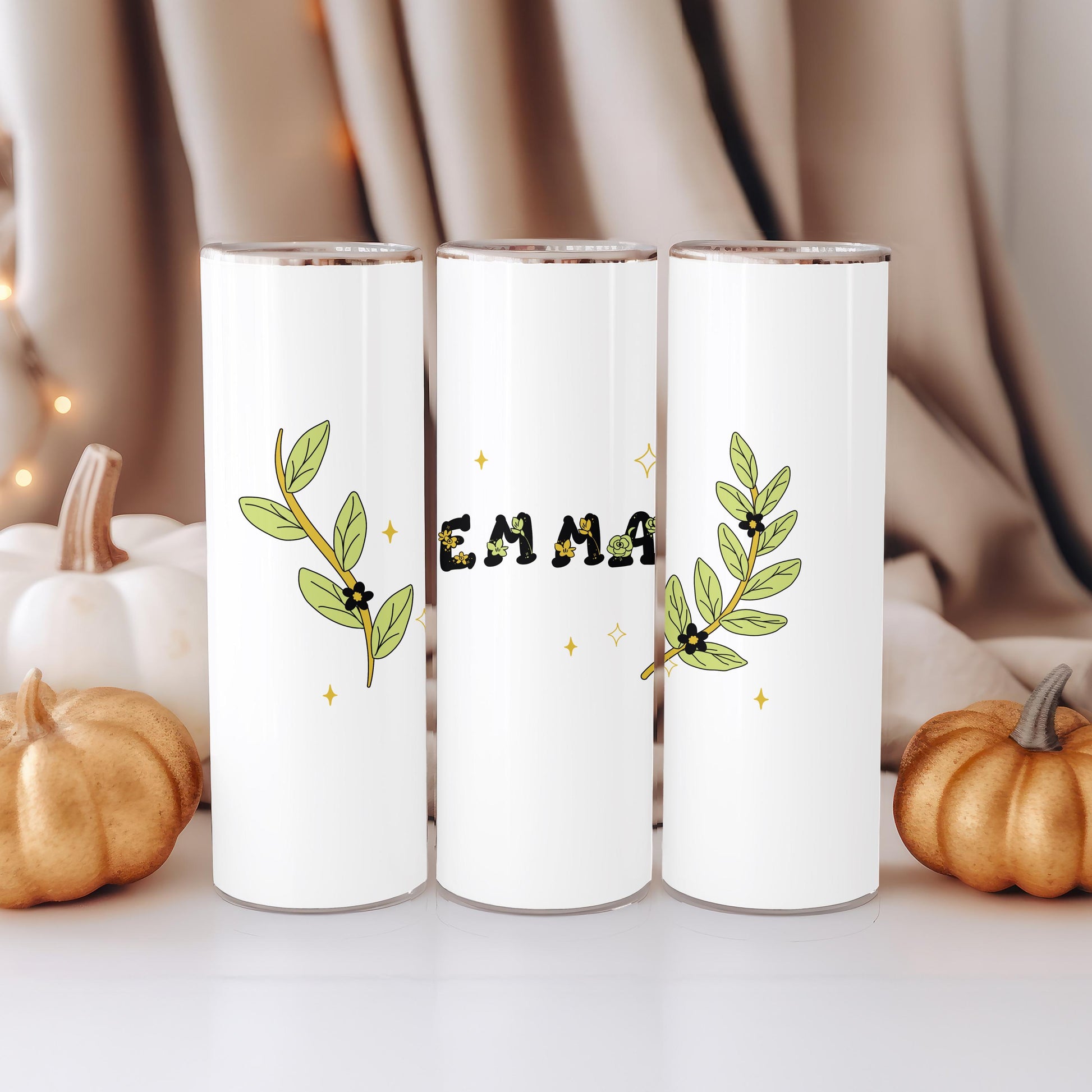 Personalized Wildflower Tumbler with Name, Minimalist Greenery 20oz Skinny Tumbler, Custom Botanical Gift for Her, Floral Name Cup