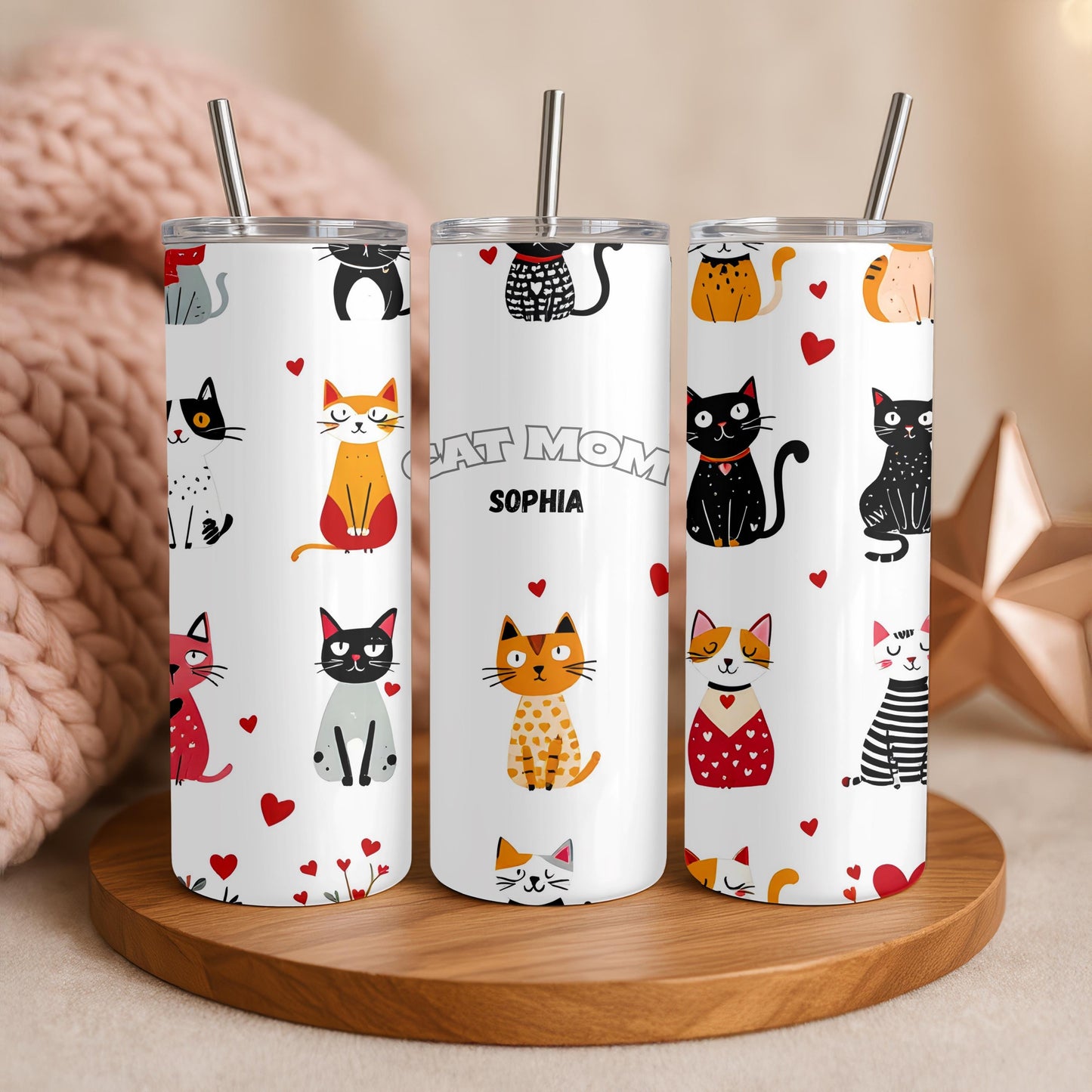 Personalized Cat Mom Tumbler with Name, Custom Pet Lover 20oz Skinny Tumbler, Crazy Cat Lady Gift, Cute Kitten Travel Cup