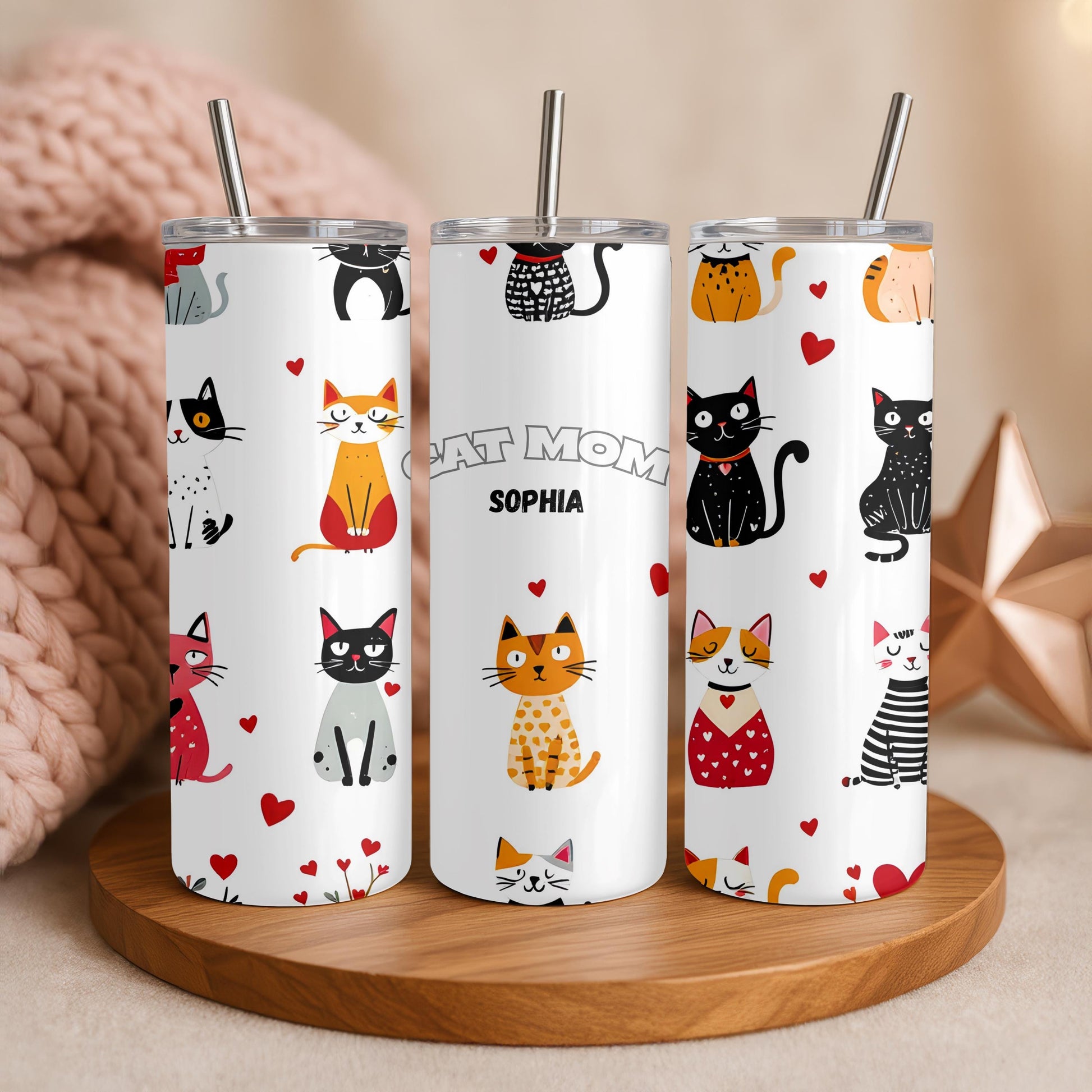 Personalized Cat Mom Tumbler with Name, Custom Pet Lover 20oz Skinny Tumbler, Crazy Cat Lady Gift, Cute Kitten Travel Cup