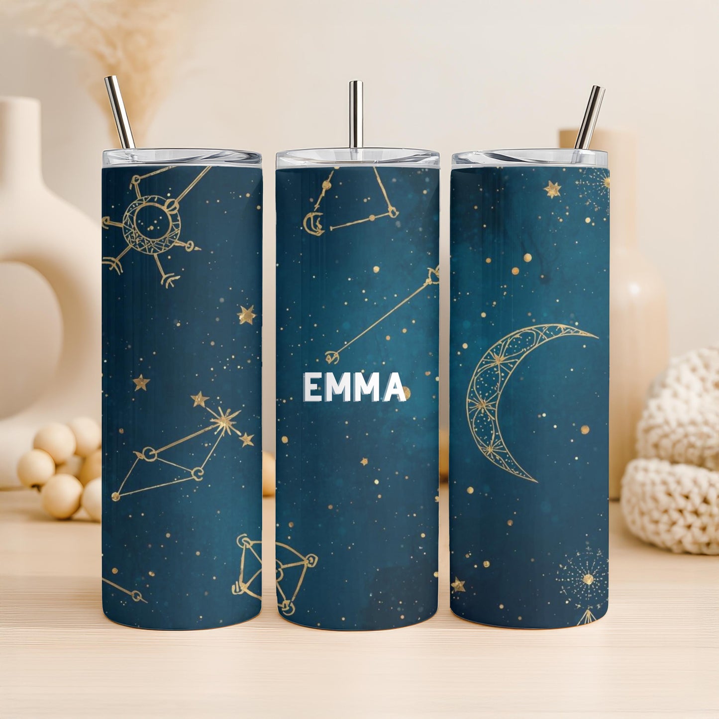 Personalized Celestial Tumbler with Name, Moon and Stars Constellation 20oz Skinny Tumbler, Custom Galaxy Night Sky Gift for Her