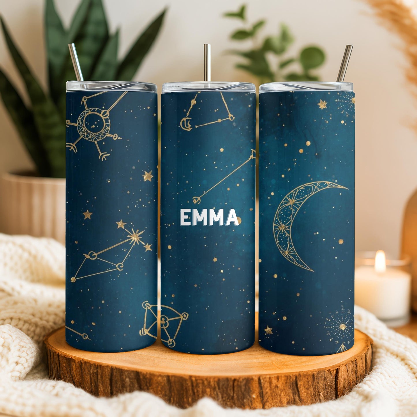 Personalized Celestial Tumbler with Name, Moon and Stars Constellation 20oz Skinny Tumbler, Custom Galaxy Night Sky Gift for Her
