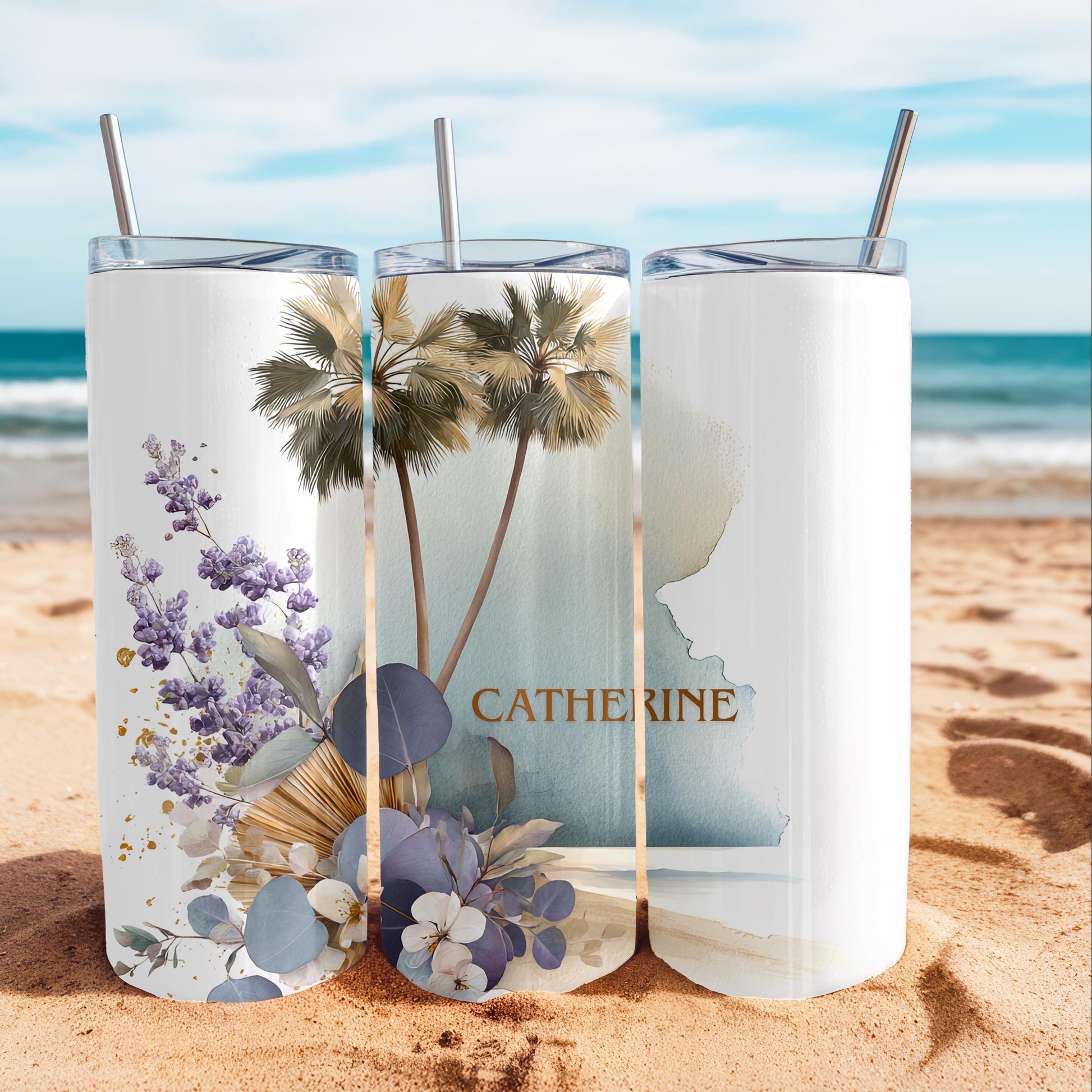 Personalized Beach Tumbler with Name, Watercolor Palm Tree 20oz Skinny Tumbler, Custom Coastal Summer Gift for Her