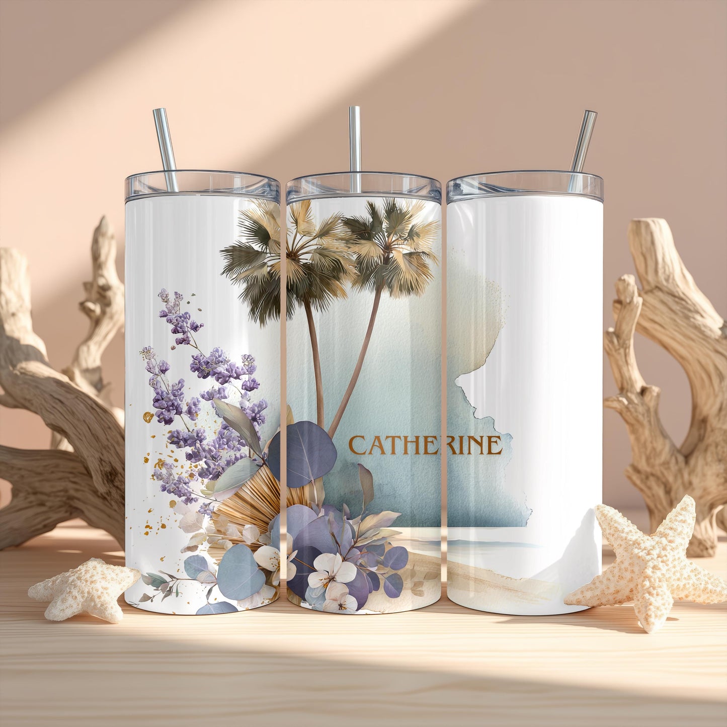 Personalized Beach Tumbler with Name, Watercolor Palm Tree 20oz Skinny Tumbler, Custom Coastal Summer Gift for Her