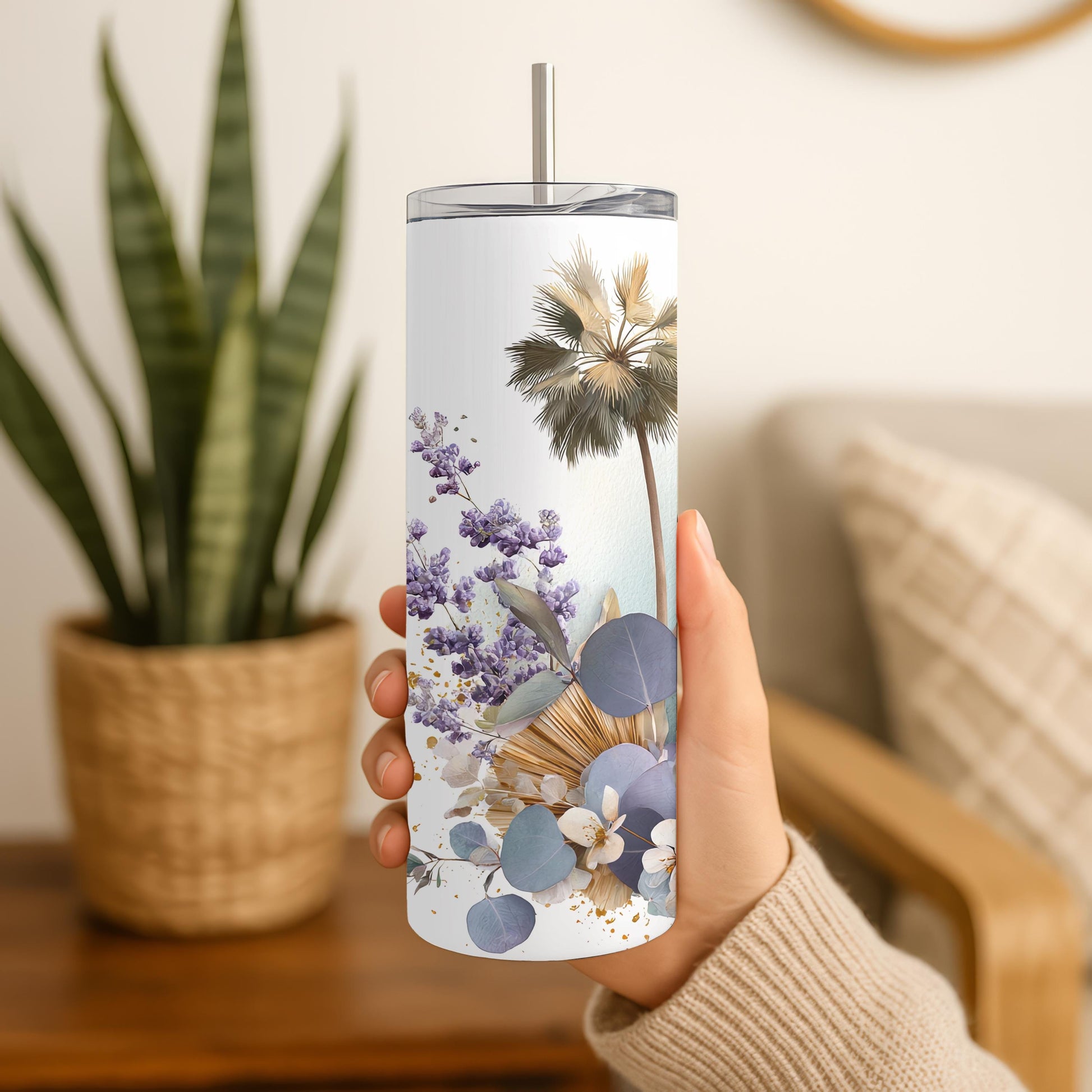 Personalized Beach Tumbler with Name, Watercolor Palm Tree 20oz Skinny Tumbler, Custom Coastal Summer Gift for Her