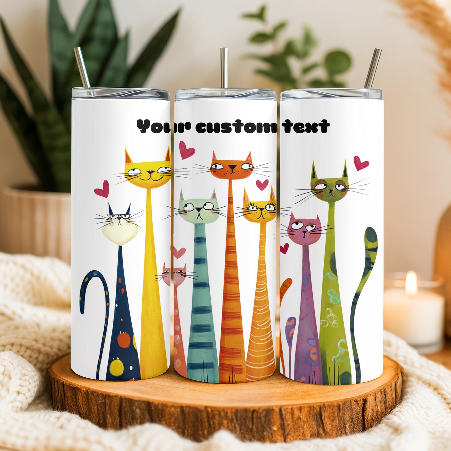 Funny Cat Tumbler with Name, Personalized Whimsical Cat Gift, Custom 20oz Skinny Tumbler, Long Neck Cat Travel Cup