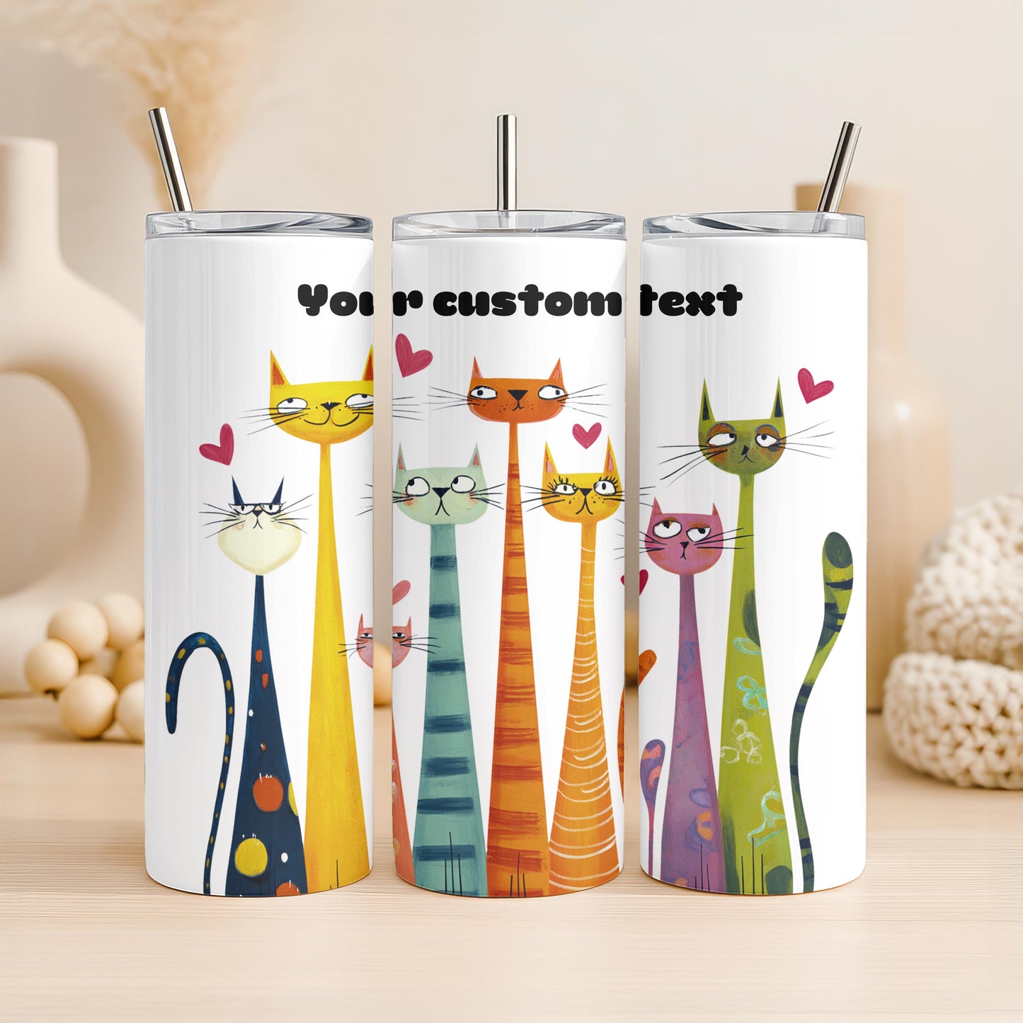 Funny Cat Tumbler with Name, Personalized Whimsical Cat Gift, Custom 20oz Skinny Tumbler, Long Neck Cat Travel Cup