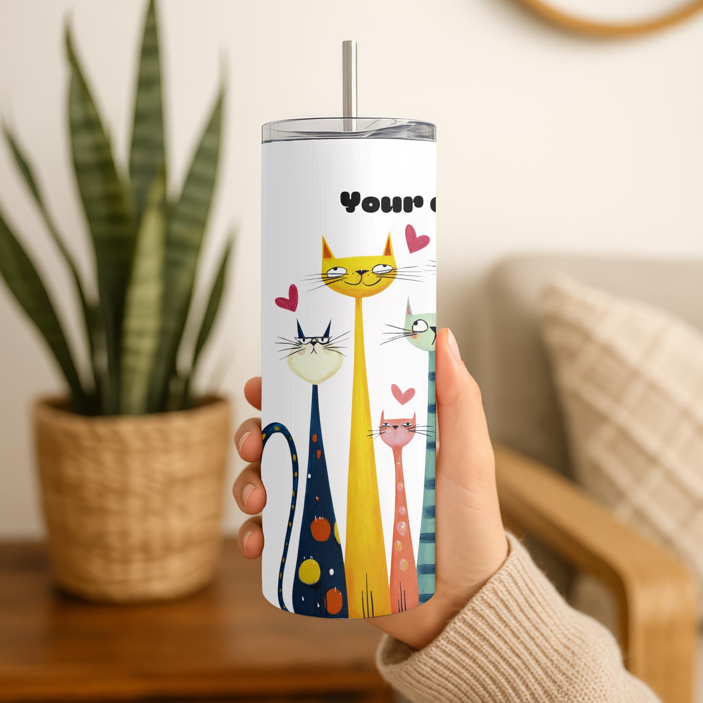 Funny Cat Tumbler with Name, Personalized Whimsical Cat Gift, Custom 20oz Skinny Tumbler, Long Neck Cat Travel Cup