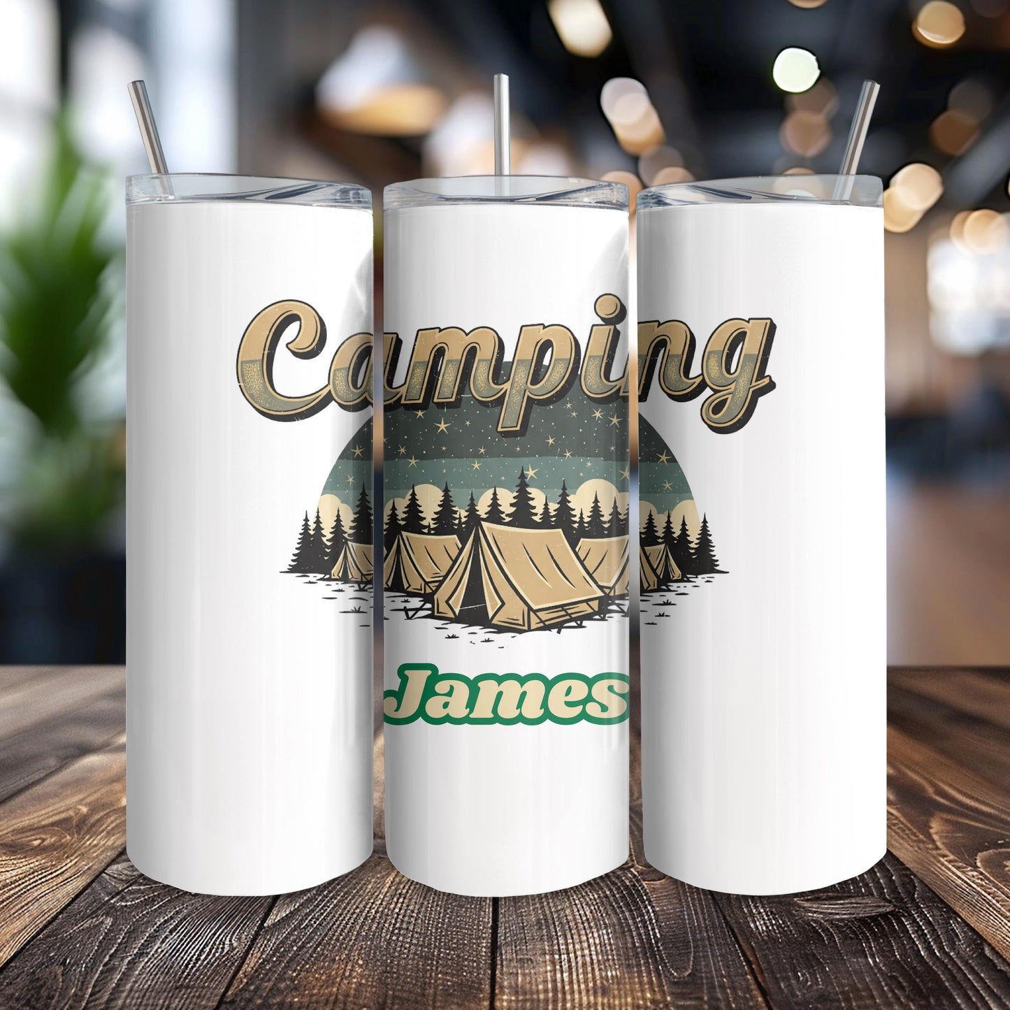 Personalized Camping Tumbler with Name, Retro Adventure 20oz Skinny Tumbler, Custom Outdoor Gift for Him, Nature Travel Cup