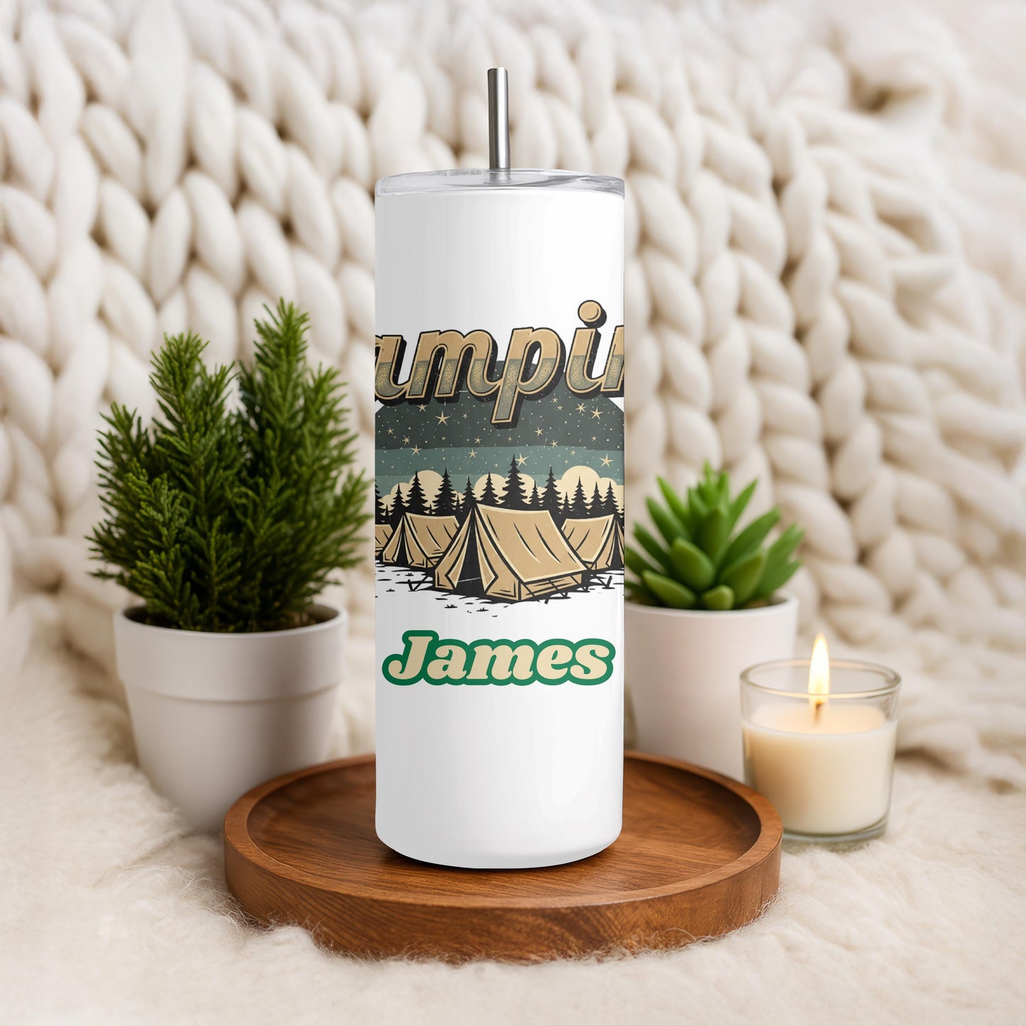 Personalized Camping Tumbler with Name, Retro Adventure 20oz Skinny Tumbler, Custom Outdoor Gift for Him, Nature Travel Cup