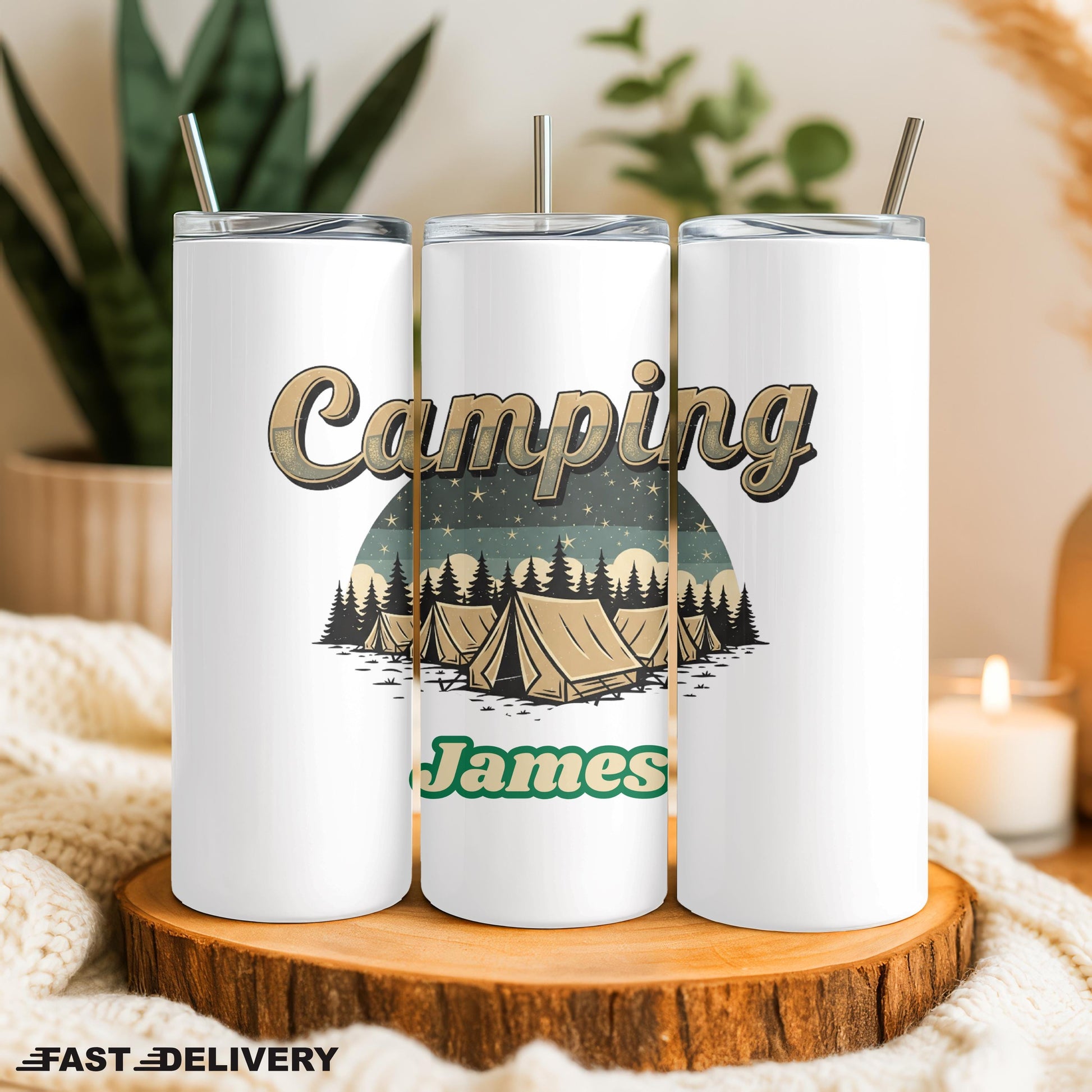 Personalized Camping Tumbler with Name, Retro Adventure 20oz Skinny Tumbler, Custom Outdoor Gift for Him, Nature Travel Cup