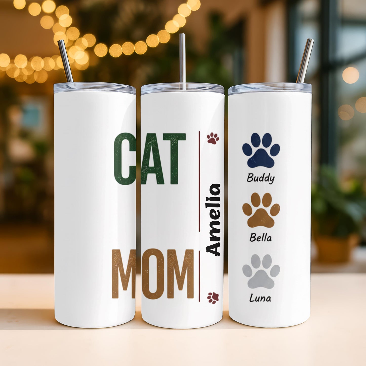 Personalized Cat Mom Tumbler with Names, Custom Pet Paw 20oz Skinny Tumbler, Gift for Multiple Cat Owners, Fur Mama Travel Cup