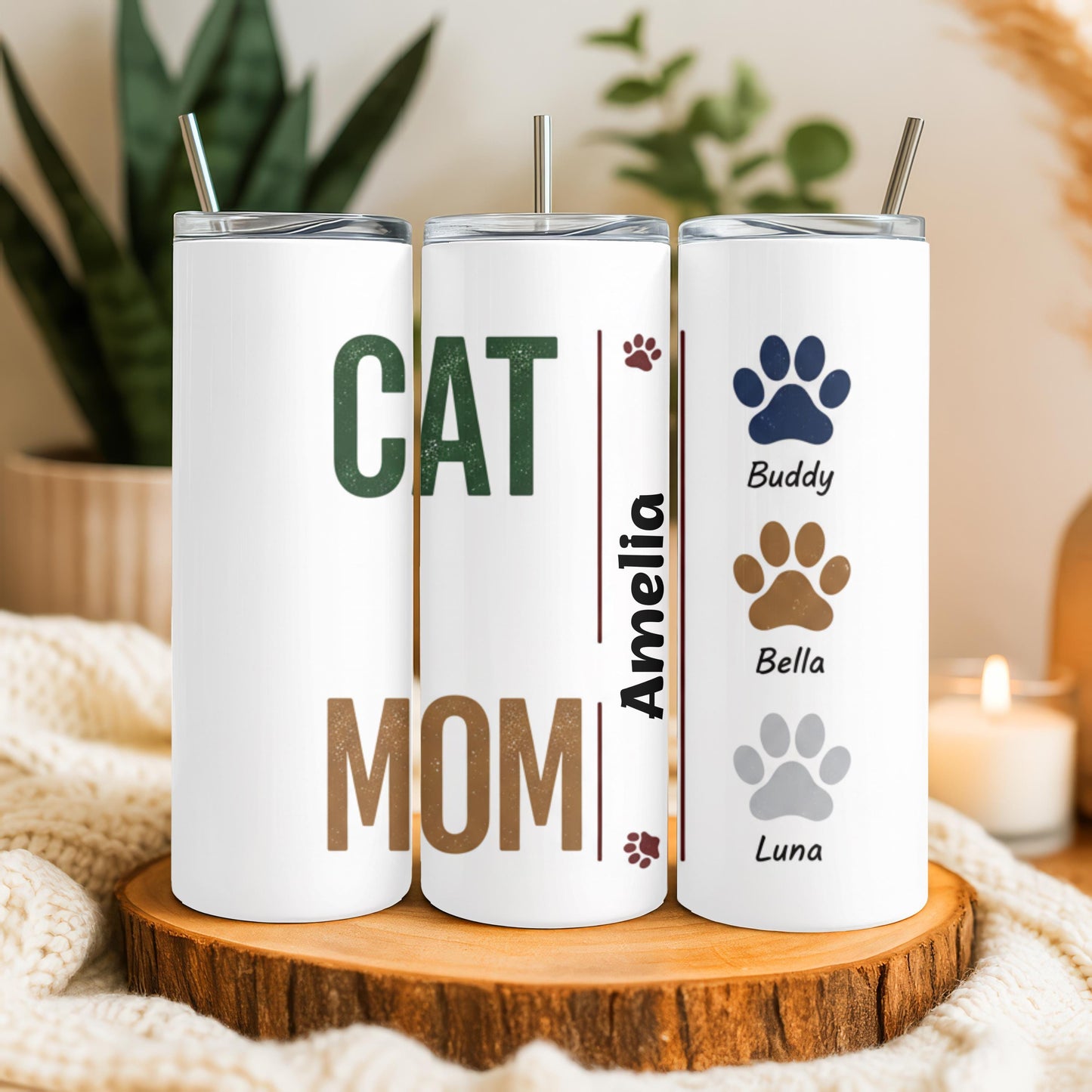 Personalized Cat Mom Tumbler with Names, Custom Pet Paw 20oz Skinny Tumbler, Gift for Multiple Cat Owners, Fur Mama Travel Cup
