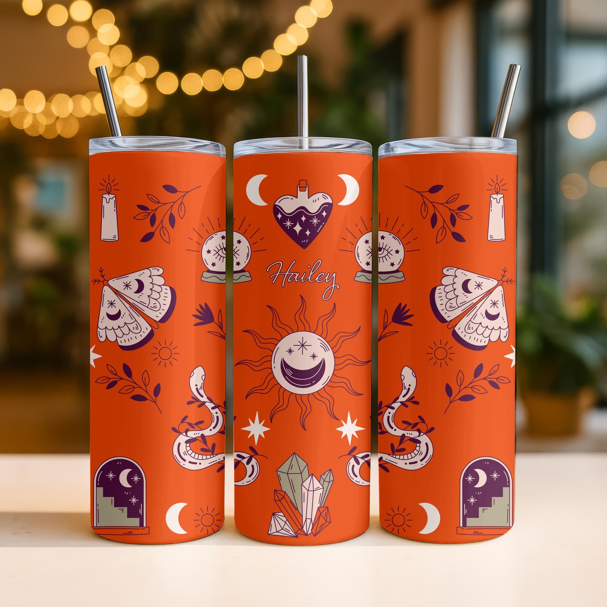 Personalized Witchy Tumbler with Name, Mystical Celestial 20oz Skinny Tumbler, Custom Spiritual Gift for Her, Travel Cup