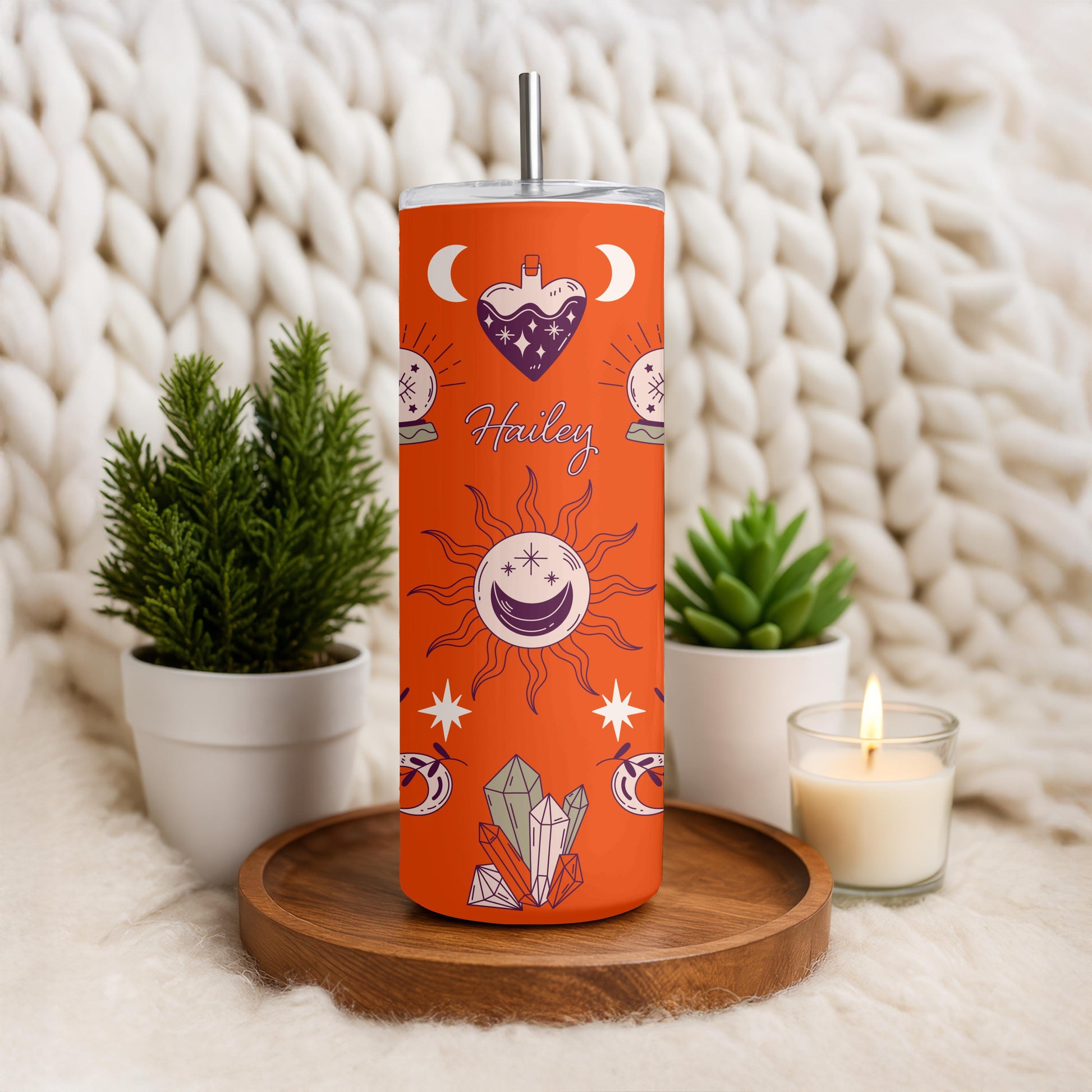 Personalized Witchy Tumbler with Name, Mystical Celestial 20oz Skinny Tumbler, Custom Spiritual Gift for Her, Travel Cup