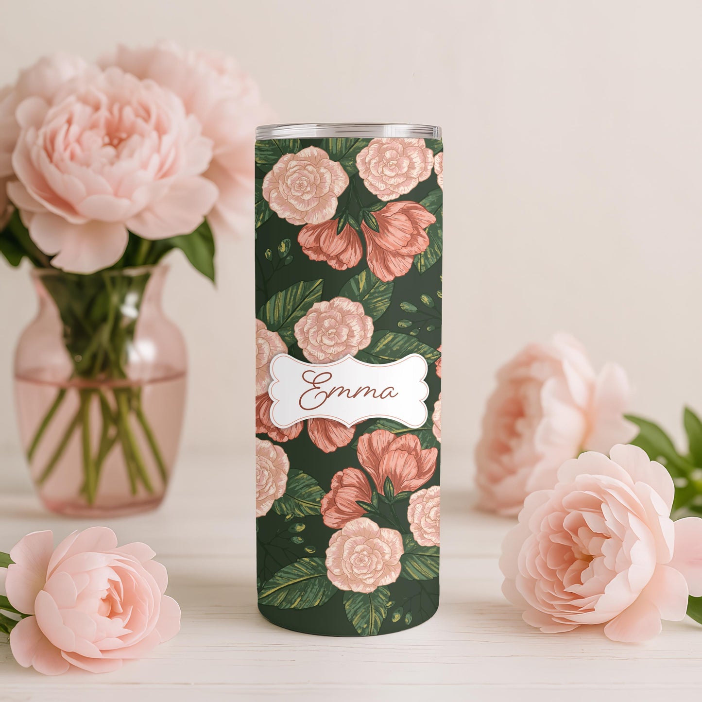 Personalized Dark Floral Tumbler, Vintage Rose 20oz Skinny Tumbler, Custom Botanical Gift for Her, Aesthetic Flower Travel Cup