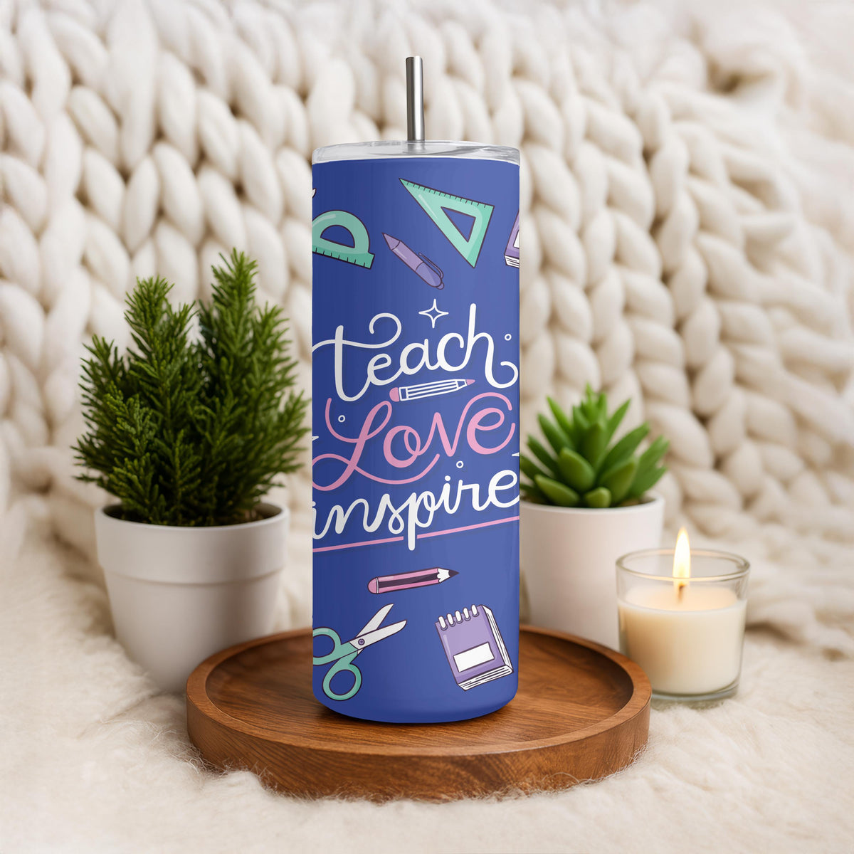 Teach Love Inspire Tumbler, Personalized Teacher Gift, 20oz Skinny Tumbler for Teacher, Custom School Supplies Travel Cup