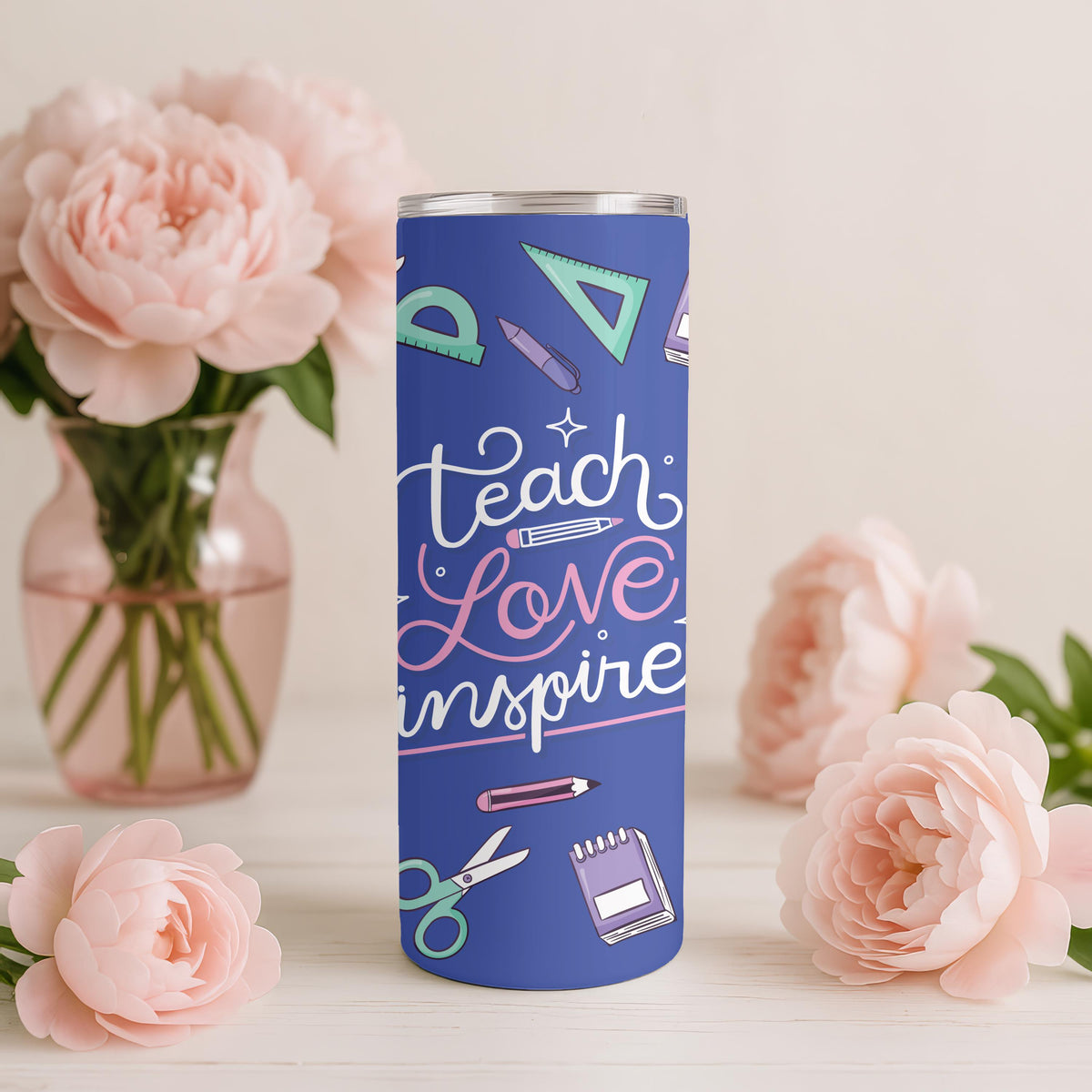 Teach Love Inspire Tumbler, Personalized Teacher Gift, 20oz Skinny Tumbler for Teacher, Custom School Supplies Travel Cup