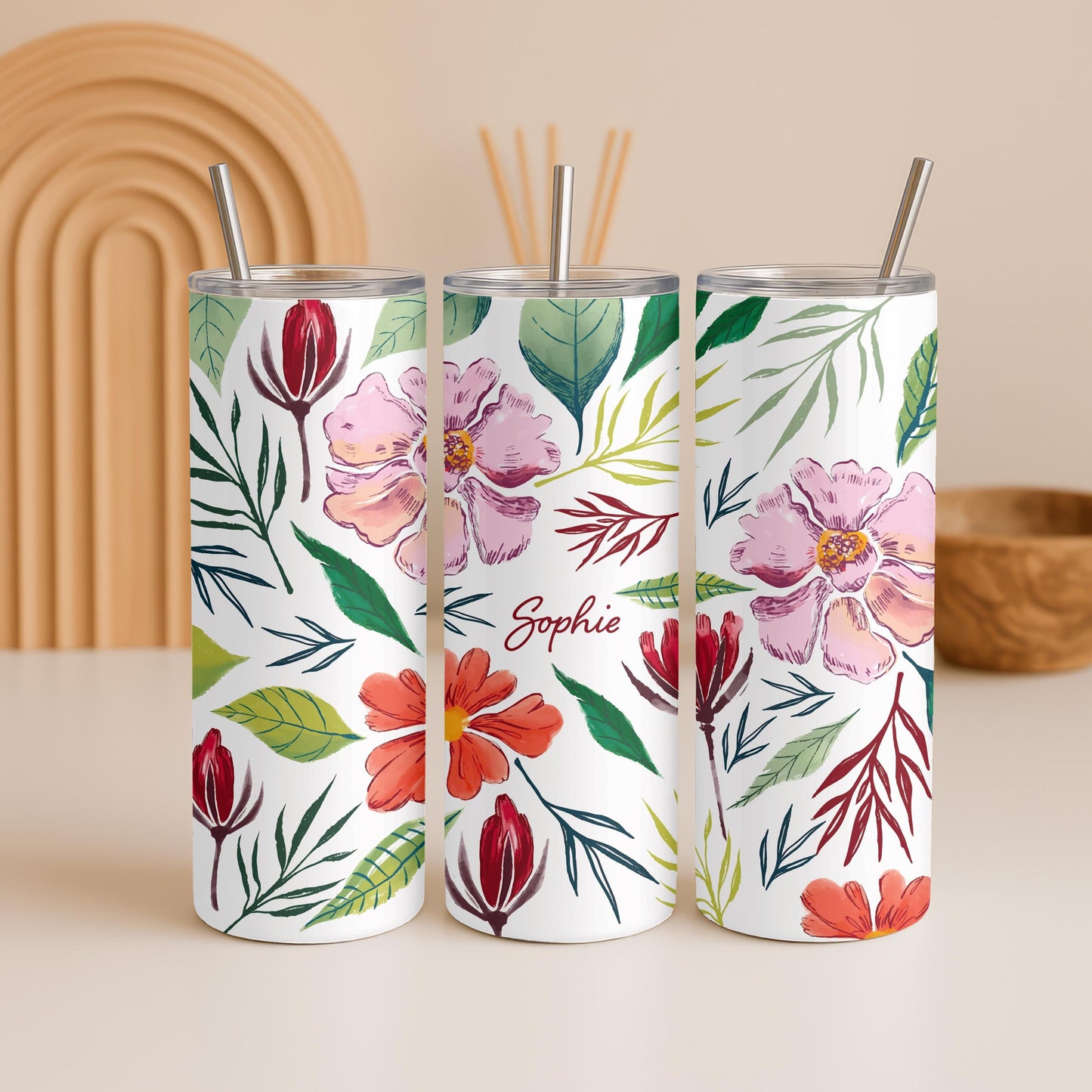 Personalized Wildflower Tumbler, Custom Watercolor Flower 20oz Skinny Tumbler, Aesthetic Floral Gift for Her, Spring Travel Cup