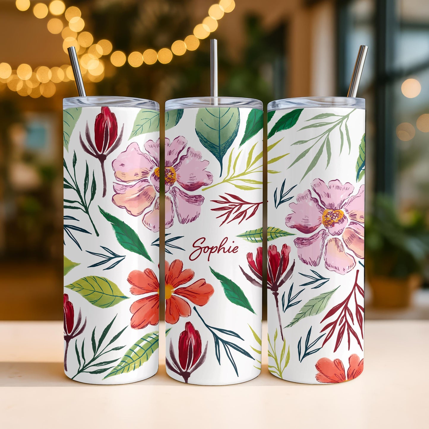Personalized Wildflower Tumbler, Custom Watercolor Flower 20oz Skinny Tumbler, Aesthetic Floral Gift for Her, Spring Travel Cup