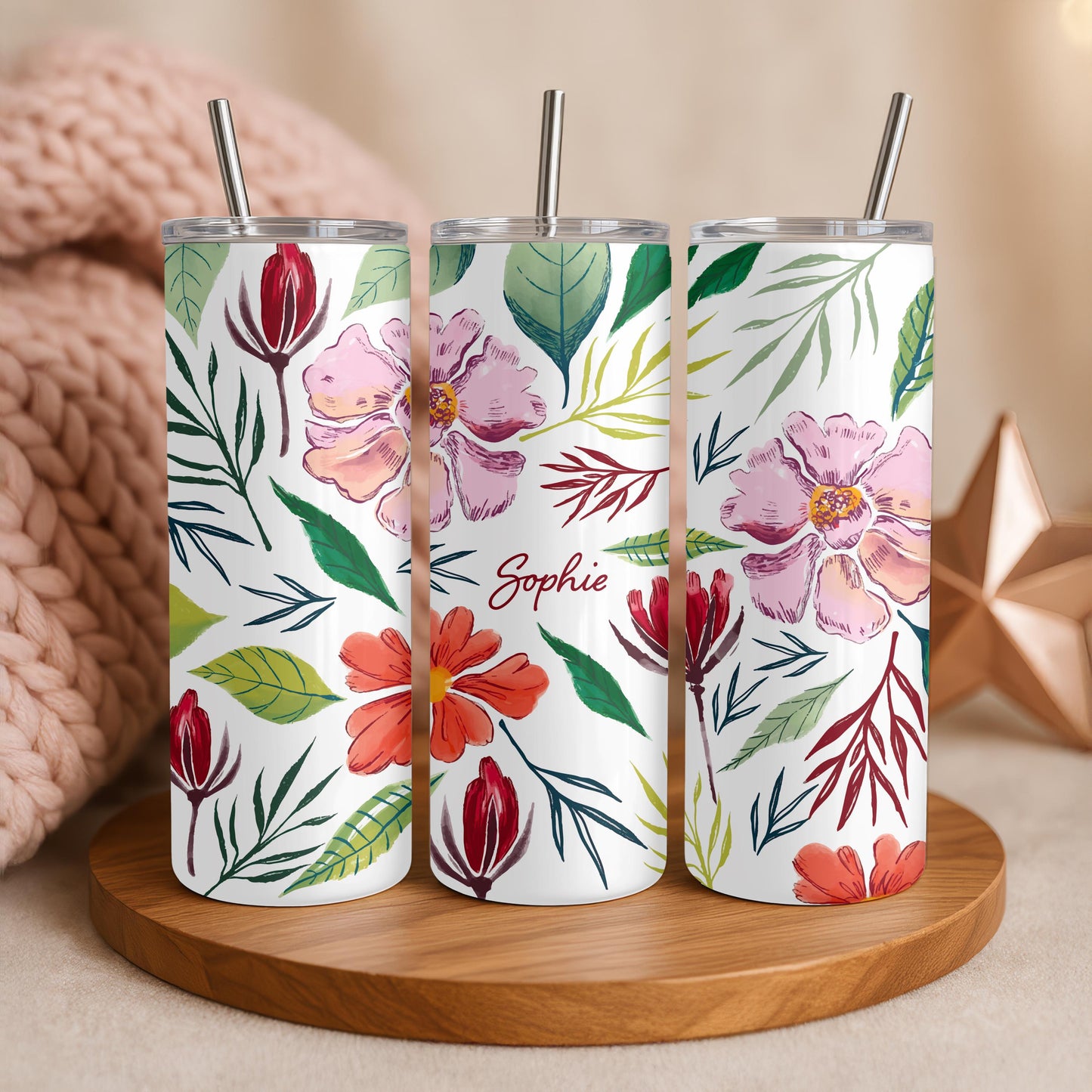 Personalized Wildflower Tumbler, Custom Watercolor Flower 20oz Skinny Tumbler, Aesthetic Floral Gift for Her, Spring Travel Cup