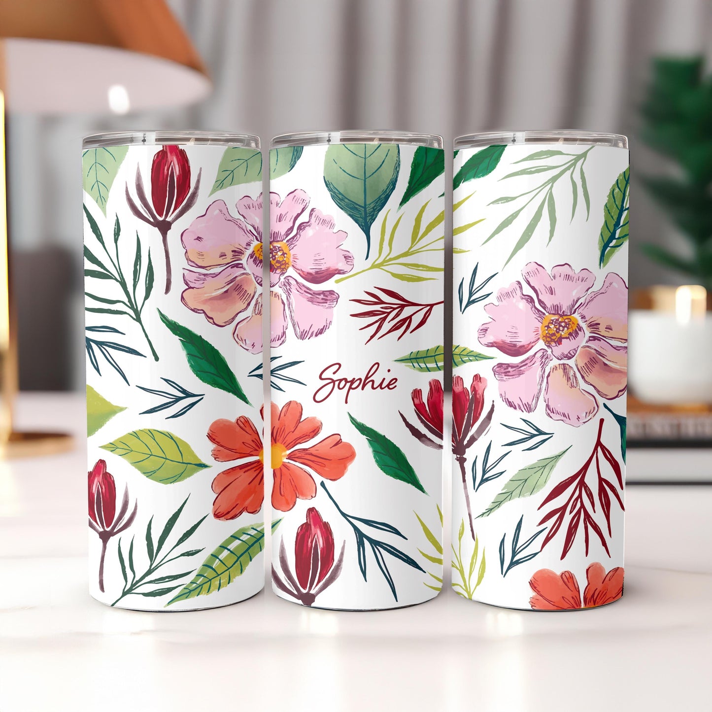 Personalized Wildflower Tumbler, Custom Watercolor Flower 20oz Skinny Tumbler, Aesthetic Floral Gift for Her, Spring Travel Cup