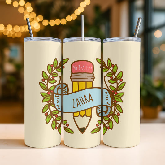 Personalized Teacher Tumbler, Custom Name Teacher Gift, 20oz Skinny Tumbler for Educator, Vintage School Supplies Travel Cup