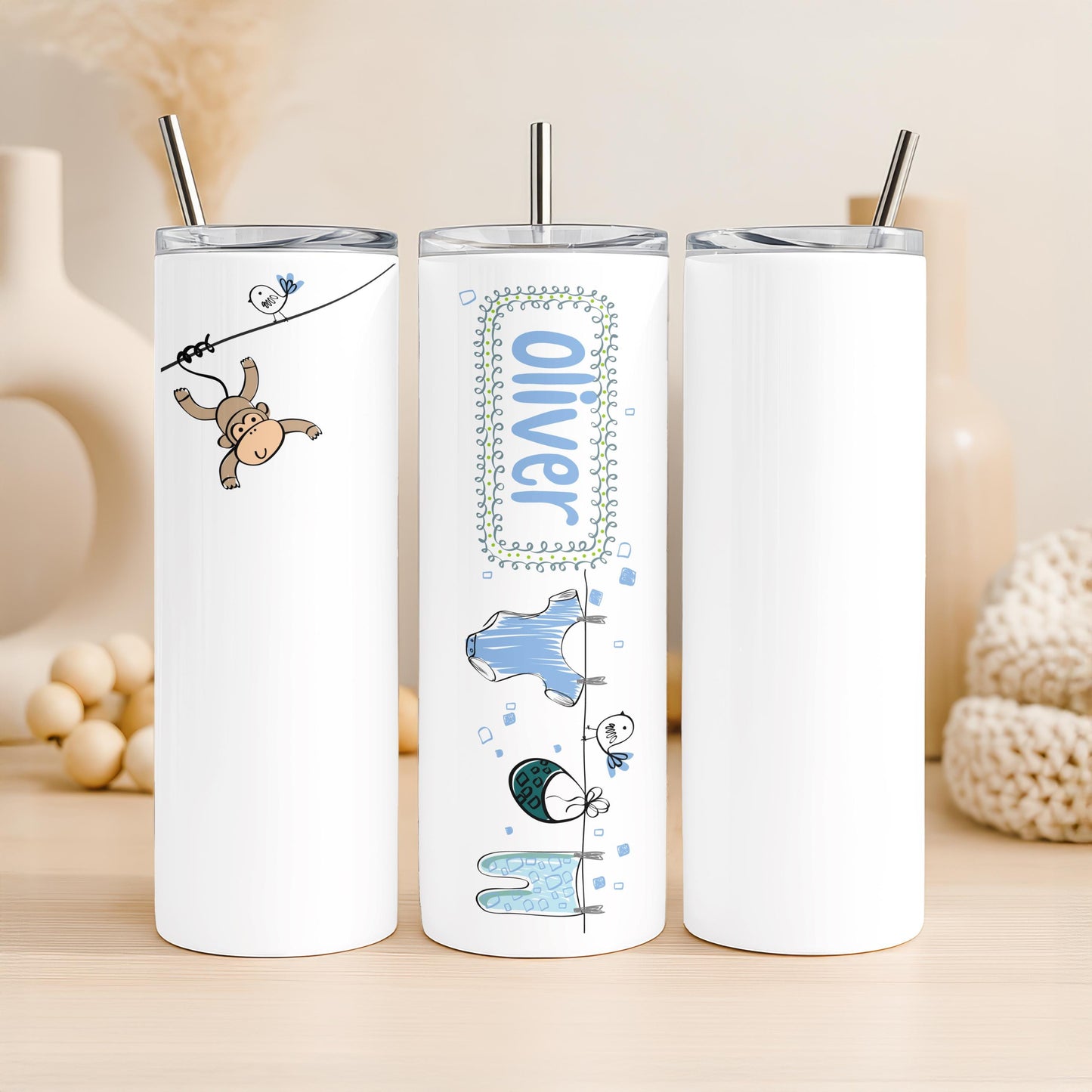 Personalized Baby Tumbler with Name, Custom Monkey 20oz Skinny Tumbler, New Baby Boy Gift, Cute Nursery Travel Cup