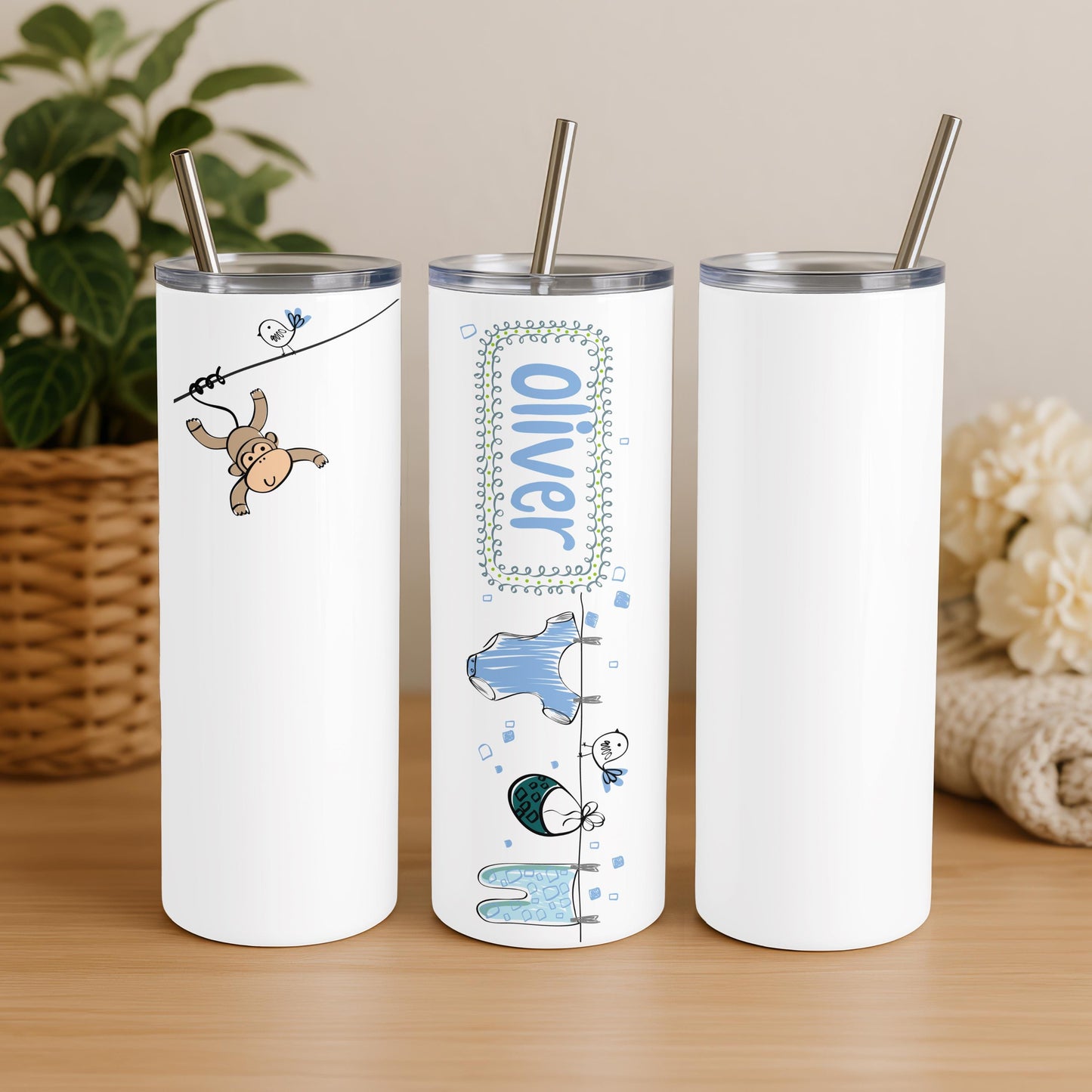 Personalized Baby Tumbler with Name, Custom Monkey 20oz Skinny Tumbler, New Baby Boy Gift, Cute Nursery Travel Cup