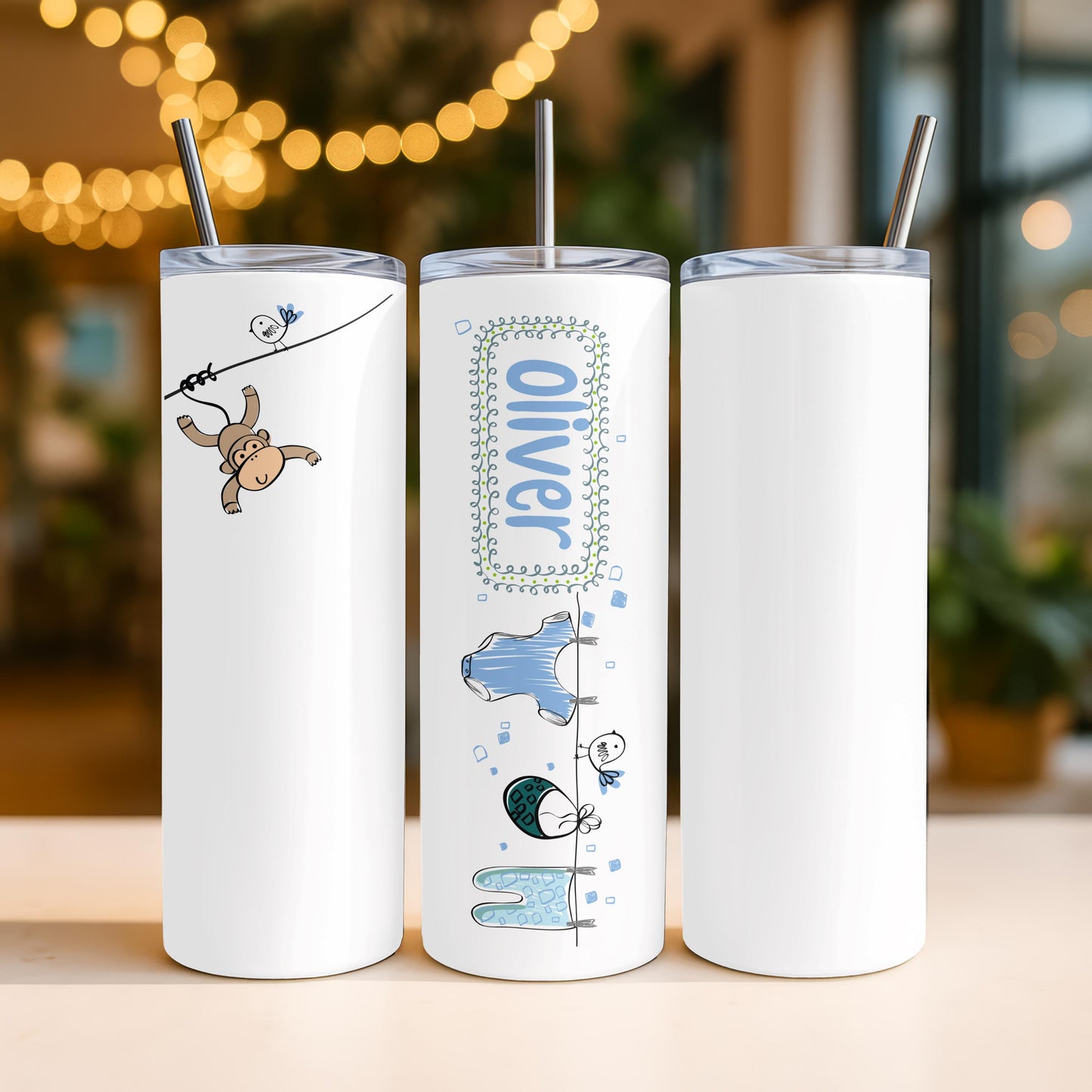 Personalized Baby Tumbler with Name, Custom Monkey 20oz Skinny Tumbler, New Baby Boy Gift, Cute Nursery Travel Cup