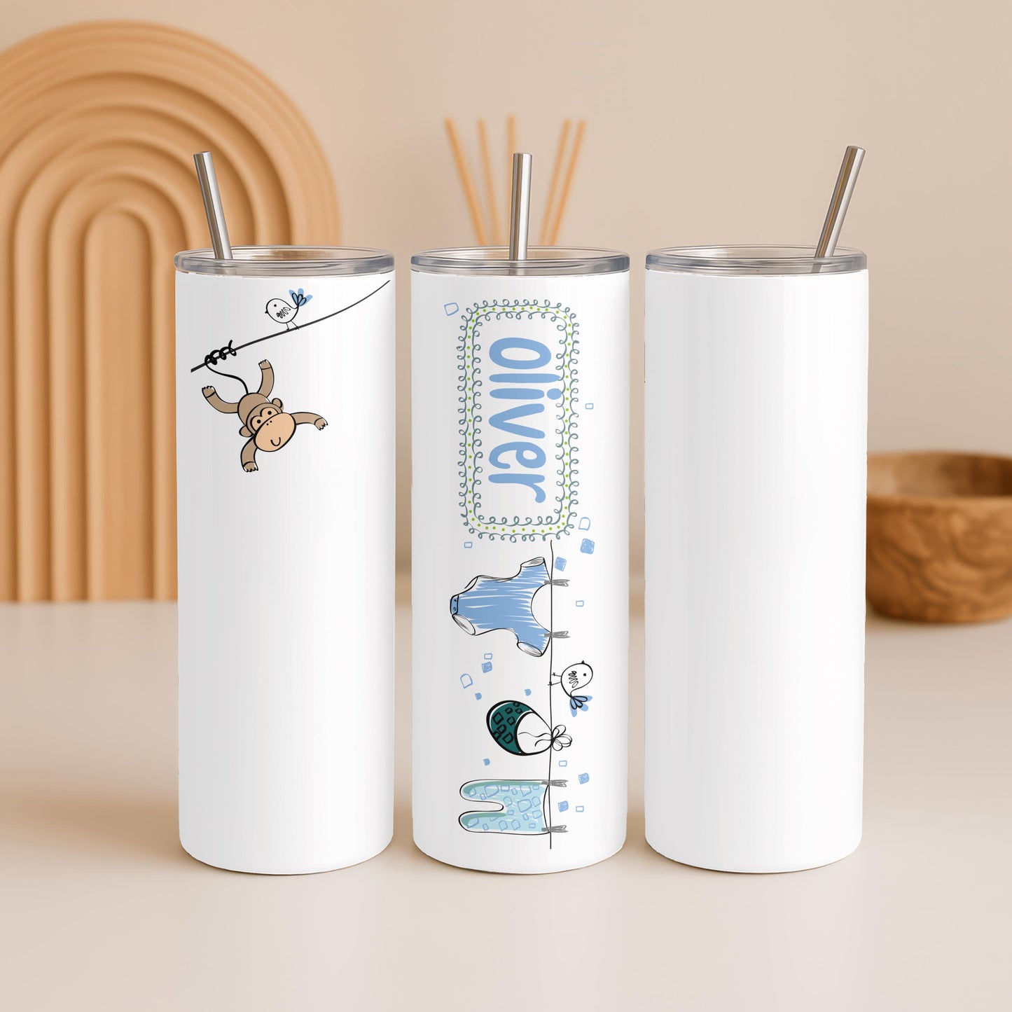 Personalized Baby Tumbler with Name, Custom Monkey 20oz Skinny Tumbler, New Baby Boy Gift, Cute Nursery Travel Cup