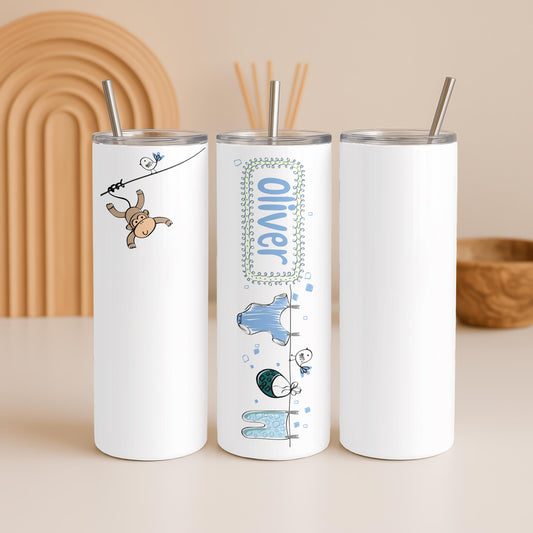 Personalized Baby Tumbler with Name, Custom Monkey 20oz Skinny Tumbler, New Baby Boy Gift, Cute Nursery Travel Cup